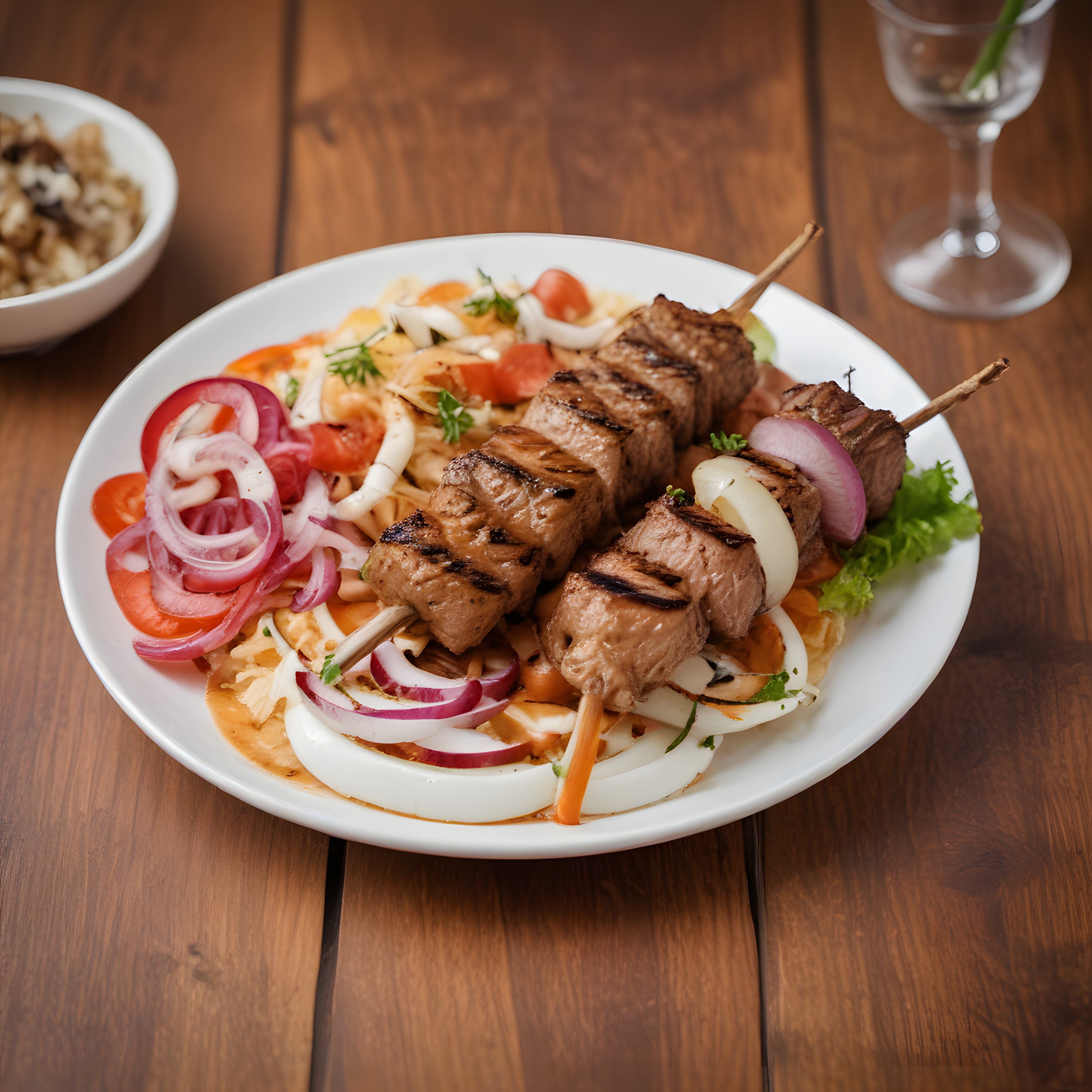 Şiş kebap ve ızgara et servisi ile rustik akşam yemeği manzarası