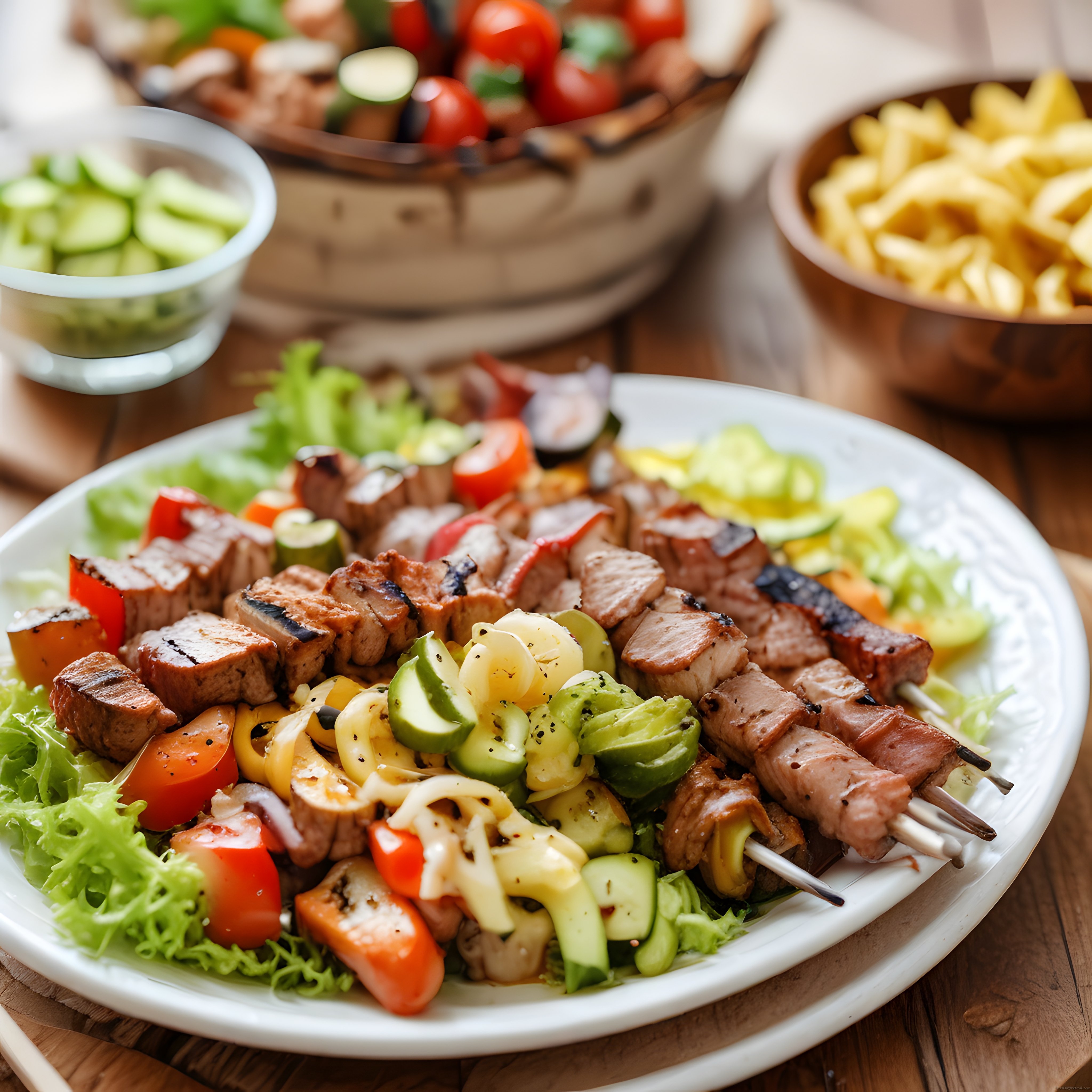 Şiş Kebap ve Izgara Et Tabağı ile Taze Sebzelerle Dolu Gurme Sunum