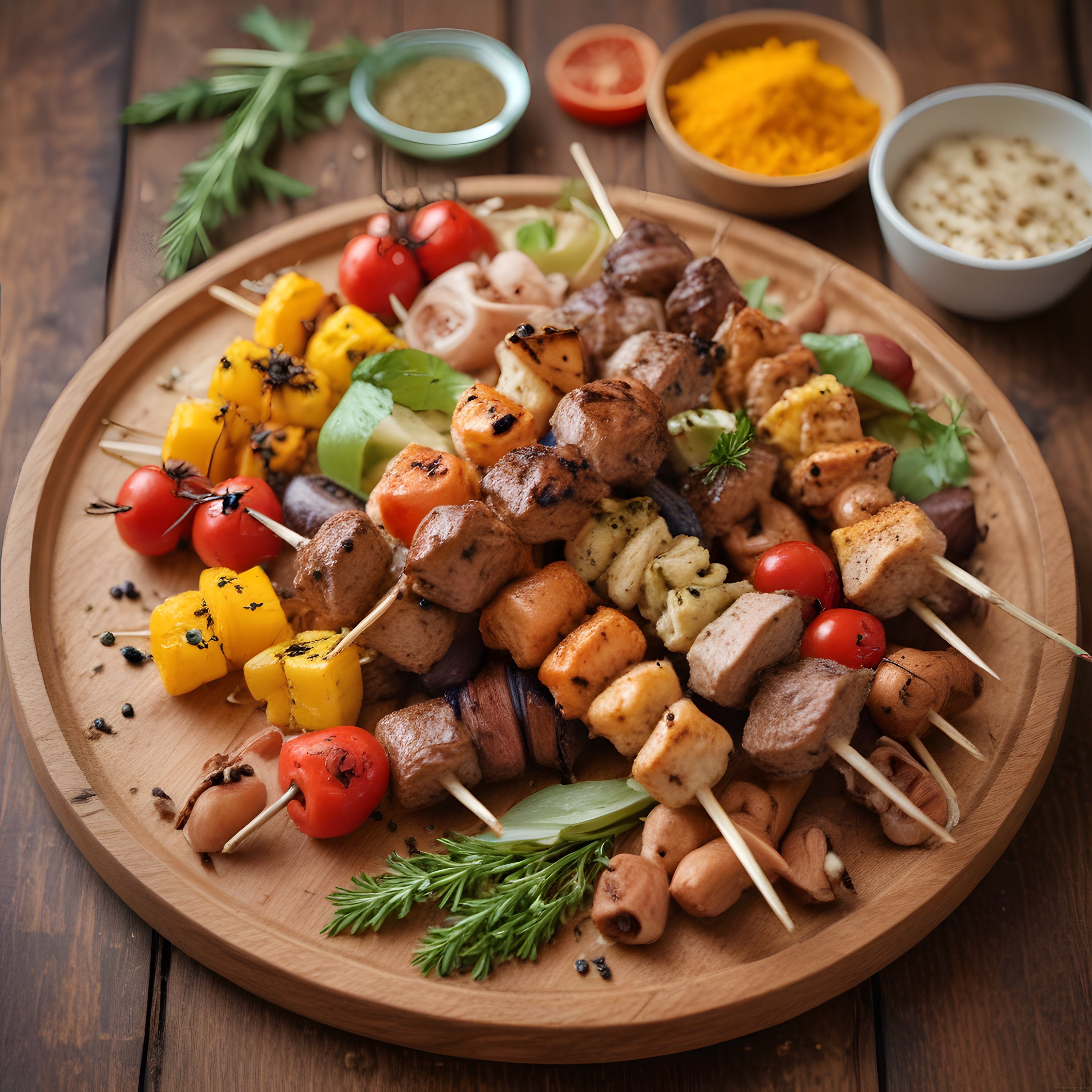 Şiş Kebap ve Izgara Lezzetleri: Ahşap Sunum Tahtasında Renkli Barbekü