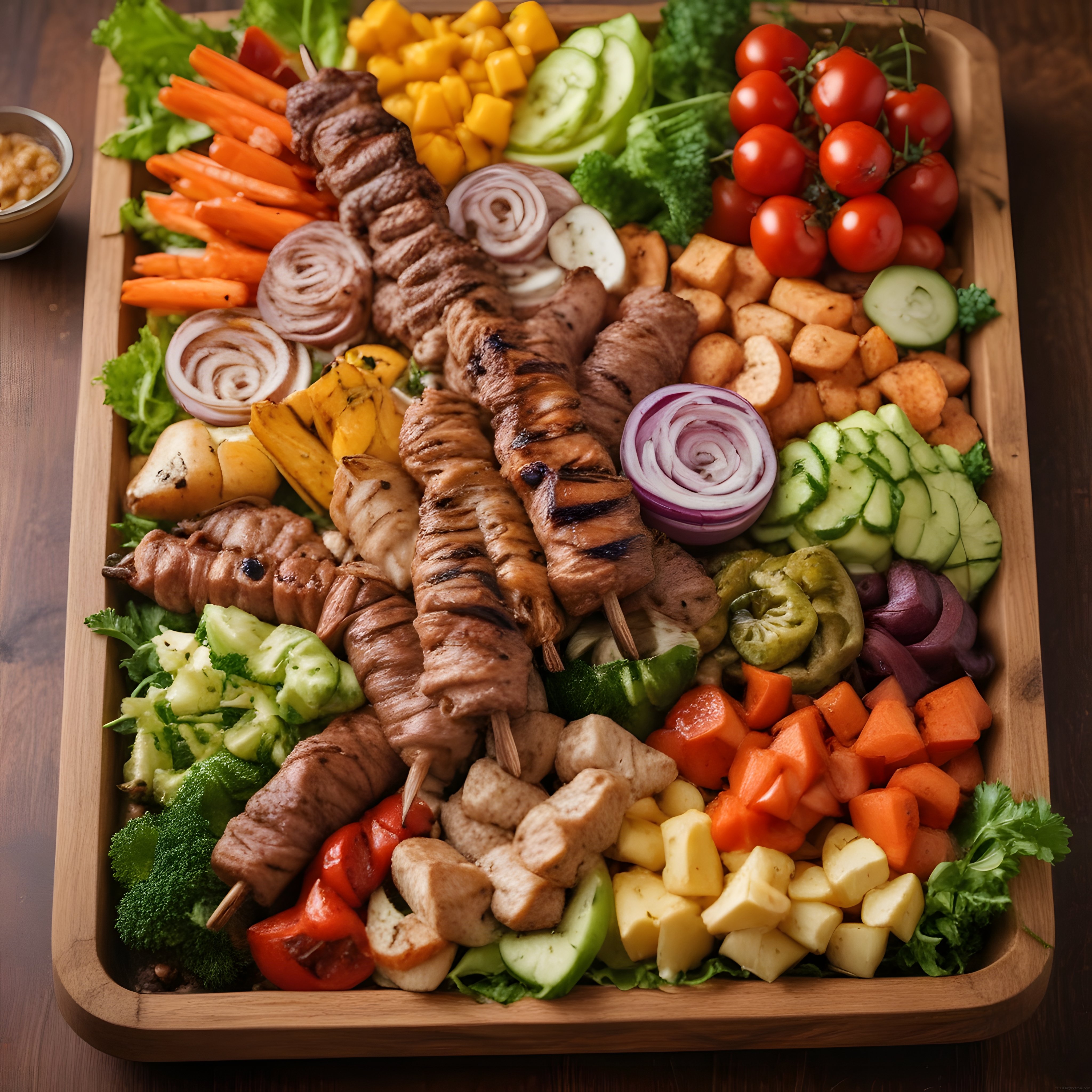 Şiş Kebap ve Izgara Lezzetlerinin Taze Sebzelerle Birleştiği Ahşap Tepsi Sunumu