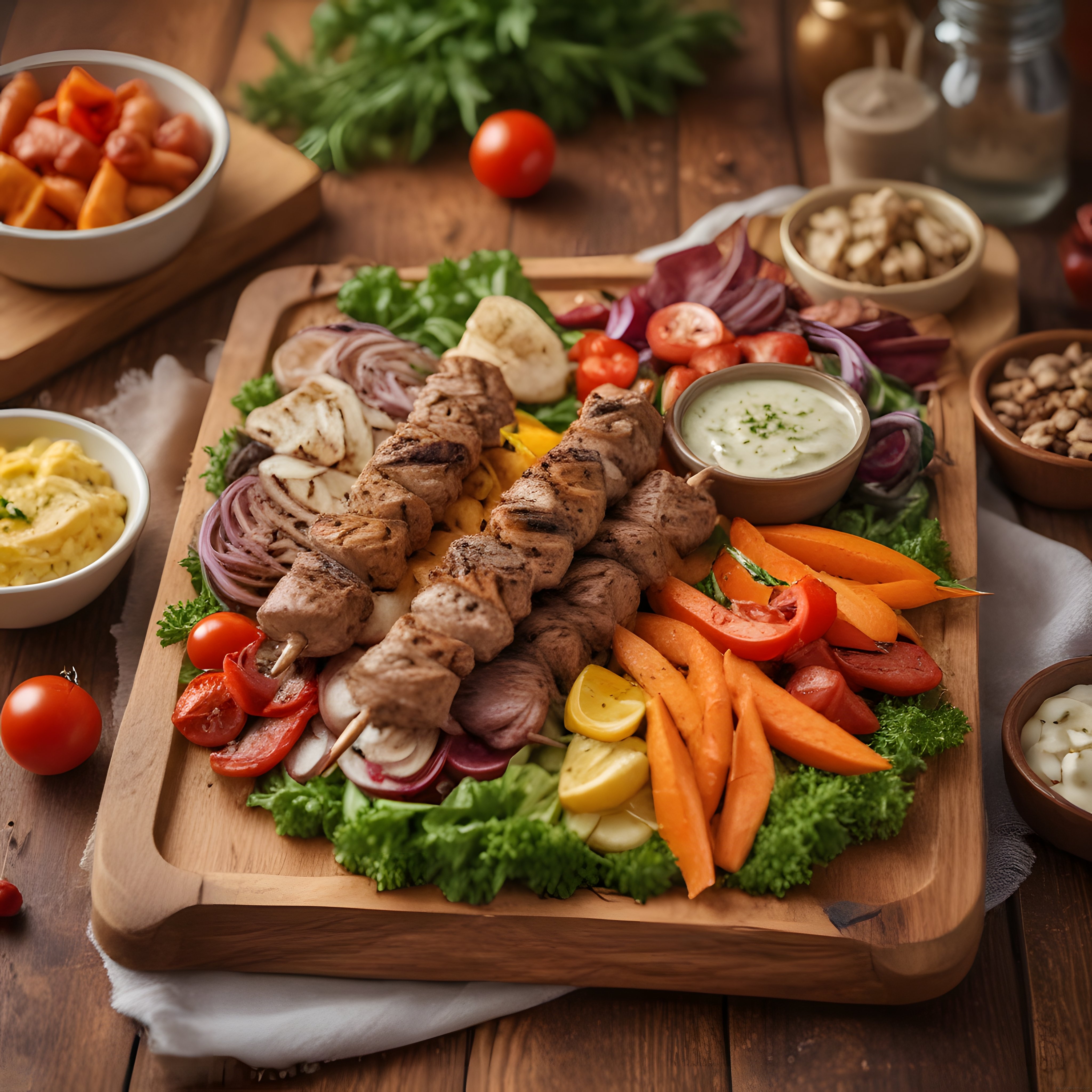 Şiş kebap ve ızgara sebzelerle hazırlanmış rustik ahşap sunum tahtası