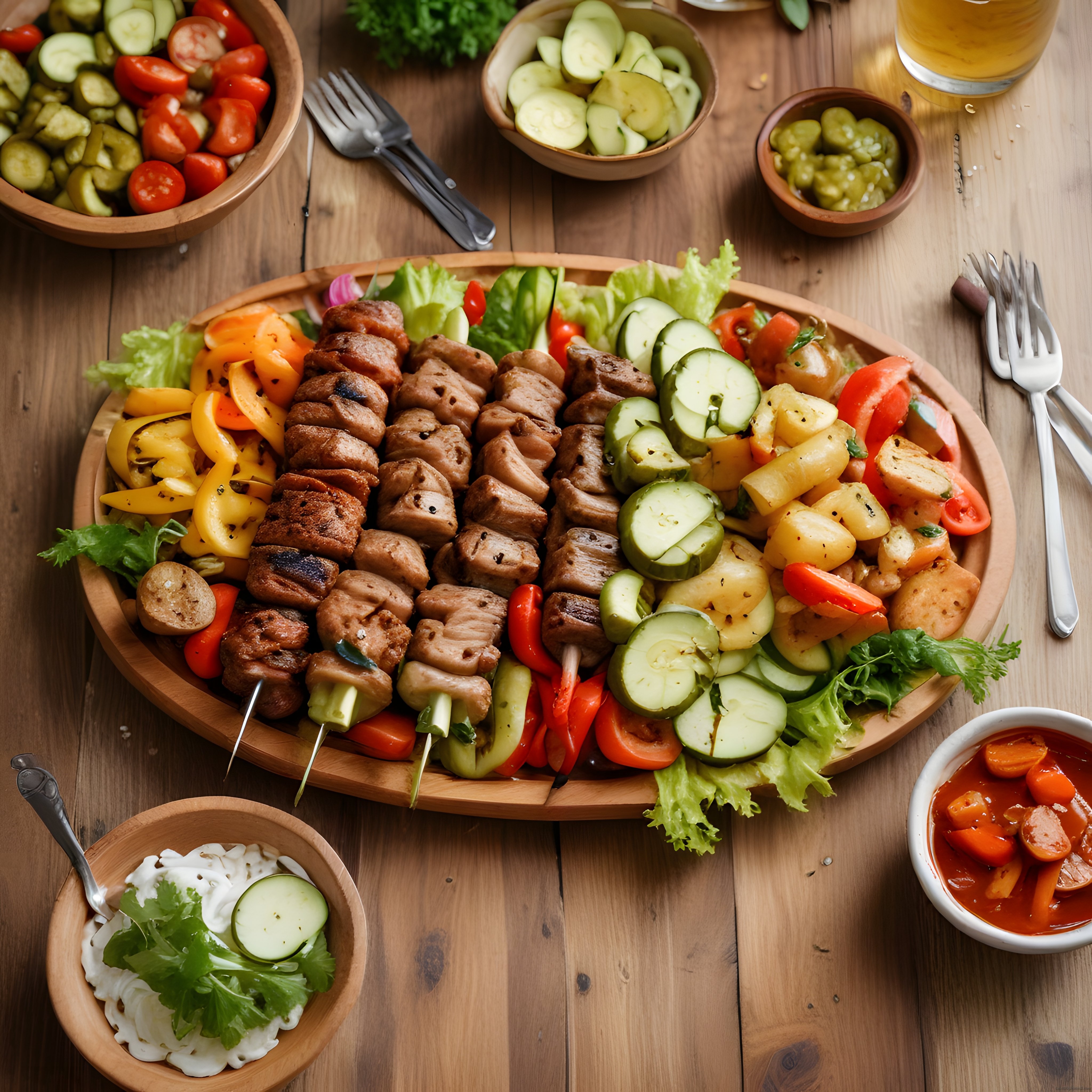 Şiş Kebap ve Izgara Sebzelerle Zenginleştirilmiş Sıcak Aile Yemeği Sunumu