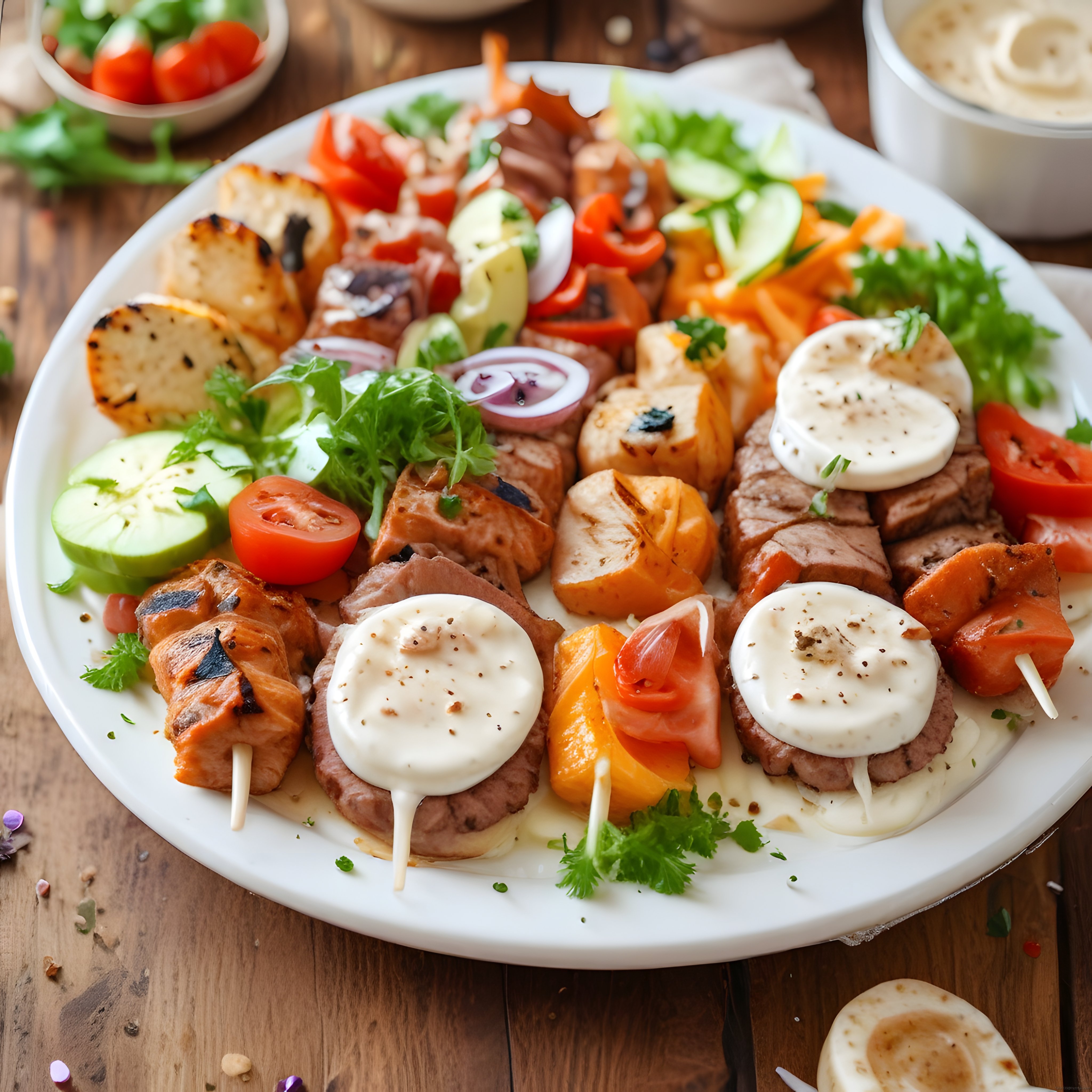 Şiş Kebap ve Mozerella Dolgulu Izgara Köfte Tabağı, Taze Sebze ve Sos Eşliğinde