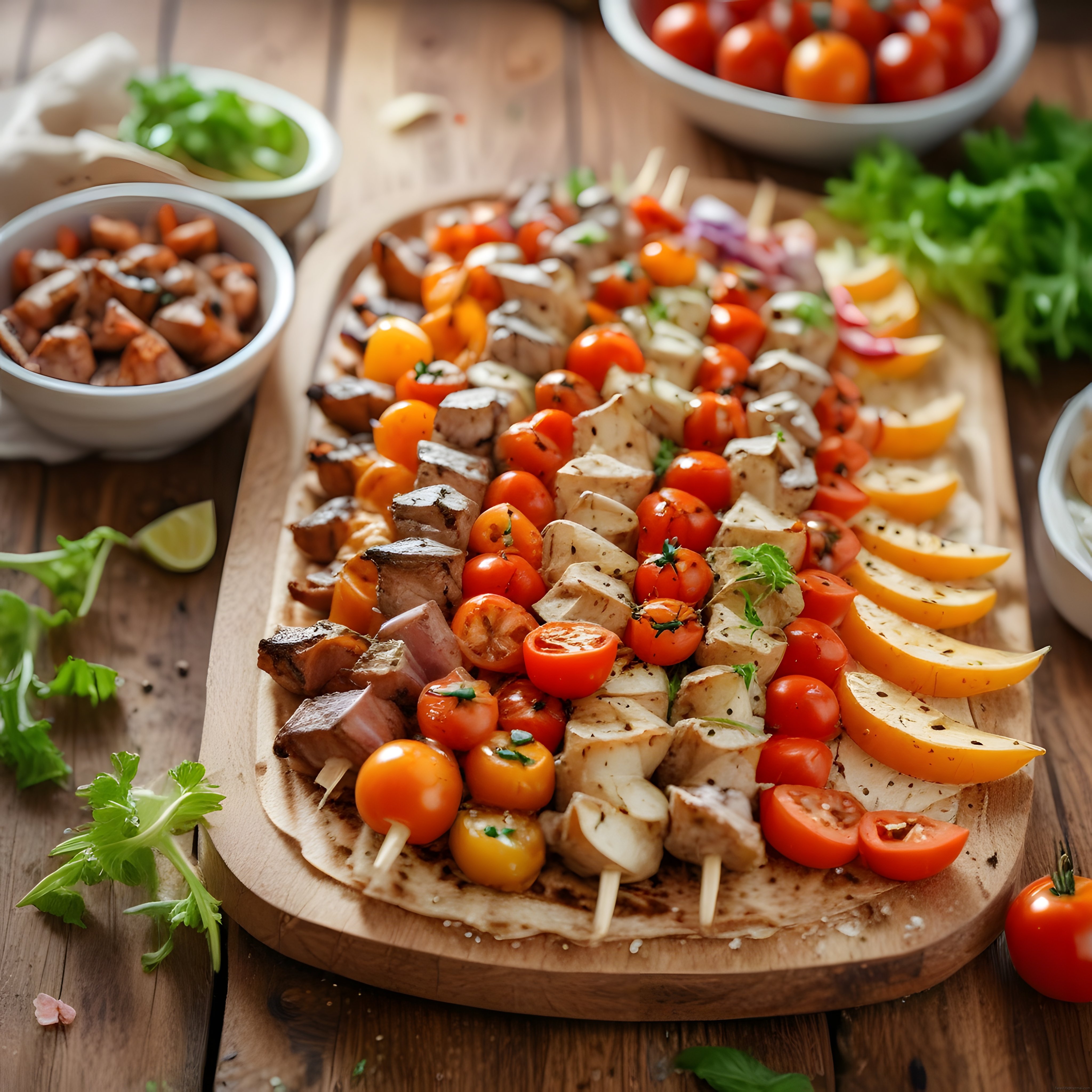 Şiş Kebap ve Sebze Çeşitlerinin Ahşap Sunum Tahtasındaki Eşsiz Görünümü