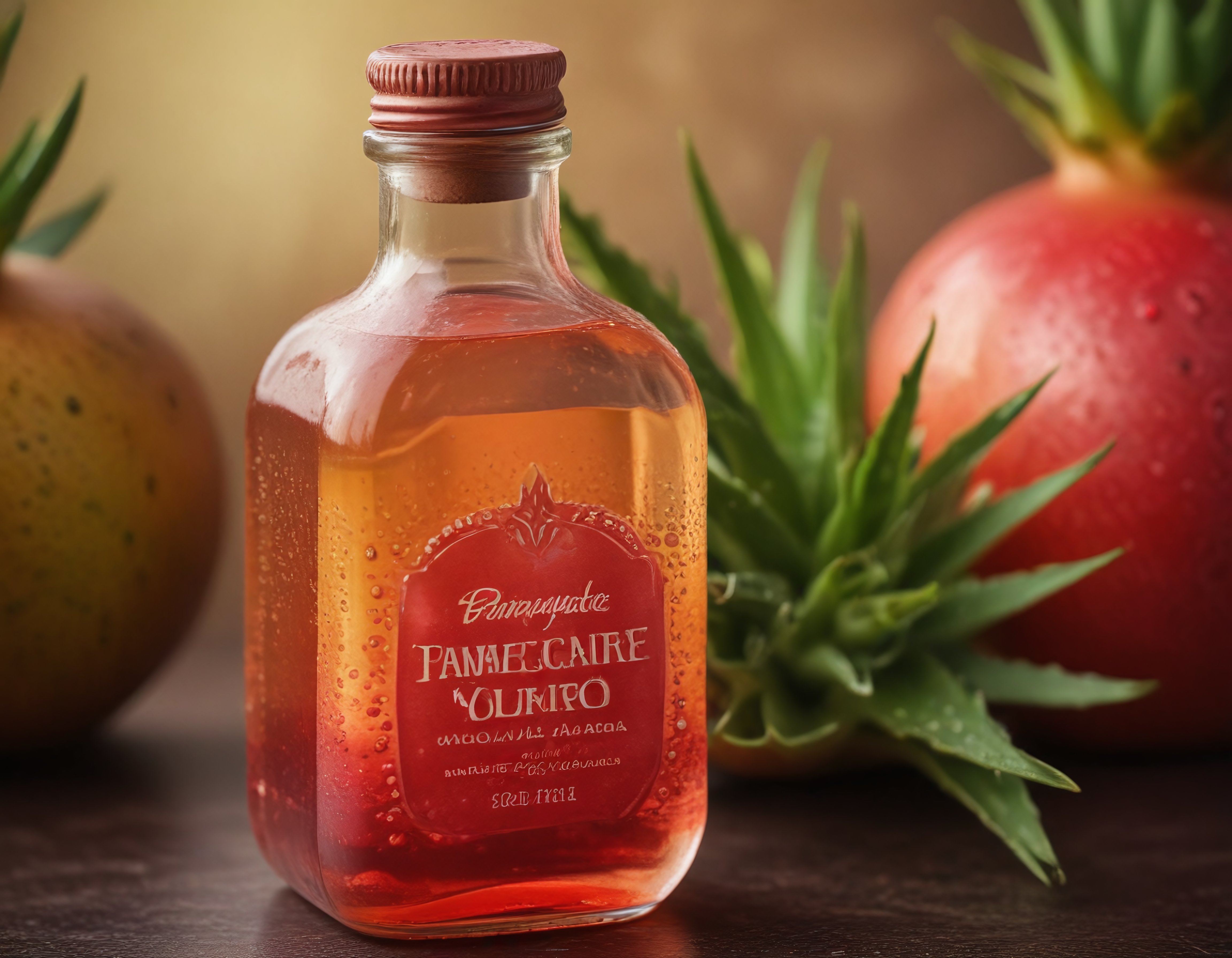Şişelenmiş Fermente Nar Ananas İçeceği ve Taze Tropikal Meyveler