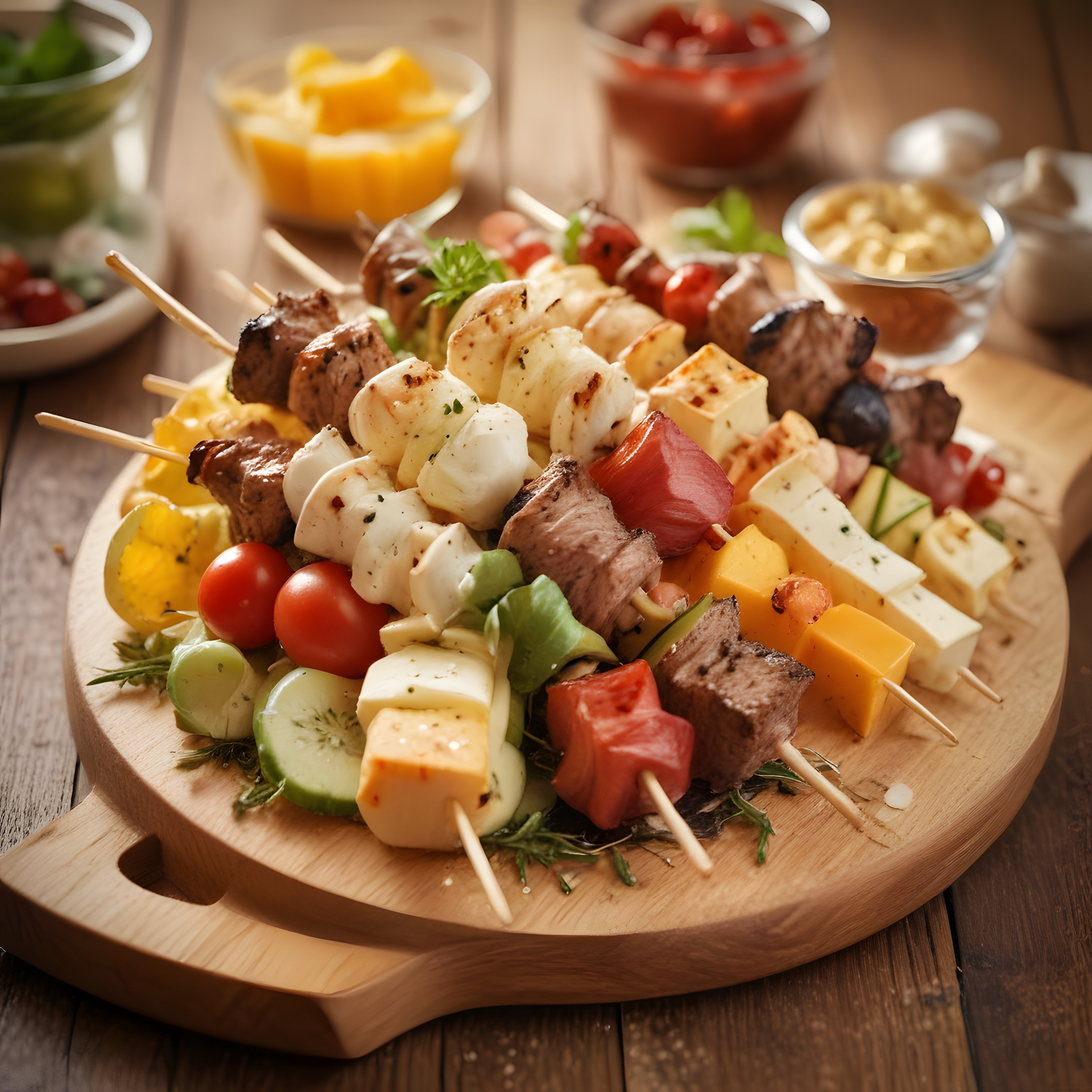 Şişlerde Et Yumurta ve Peynirle Süslenmiş Şık Atıştırmalık Tabağı