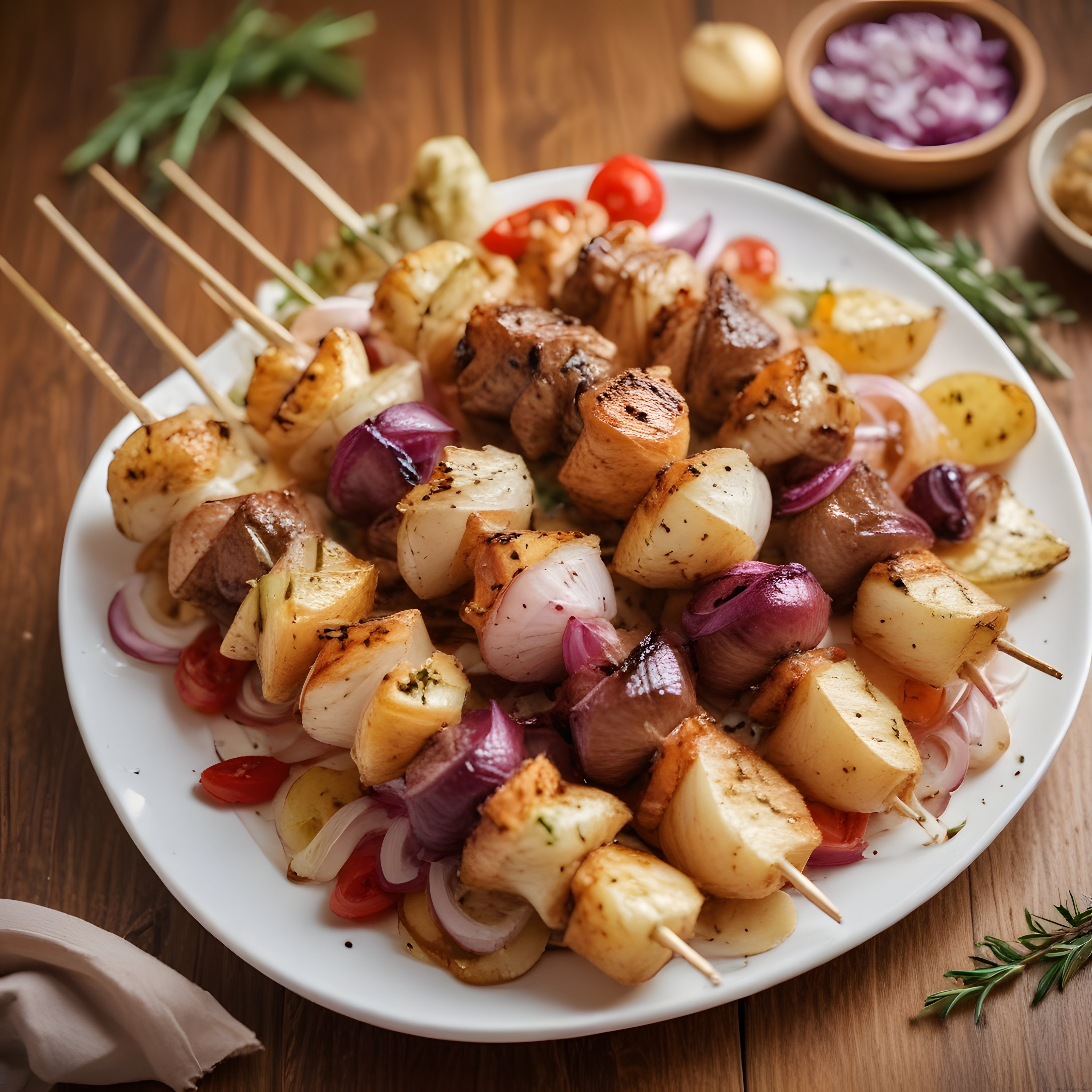 Şişlere Dizilmiş Et Patates ve Sebzelerle Nefis Izgara Tabağı