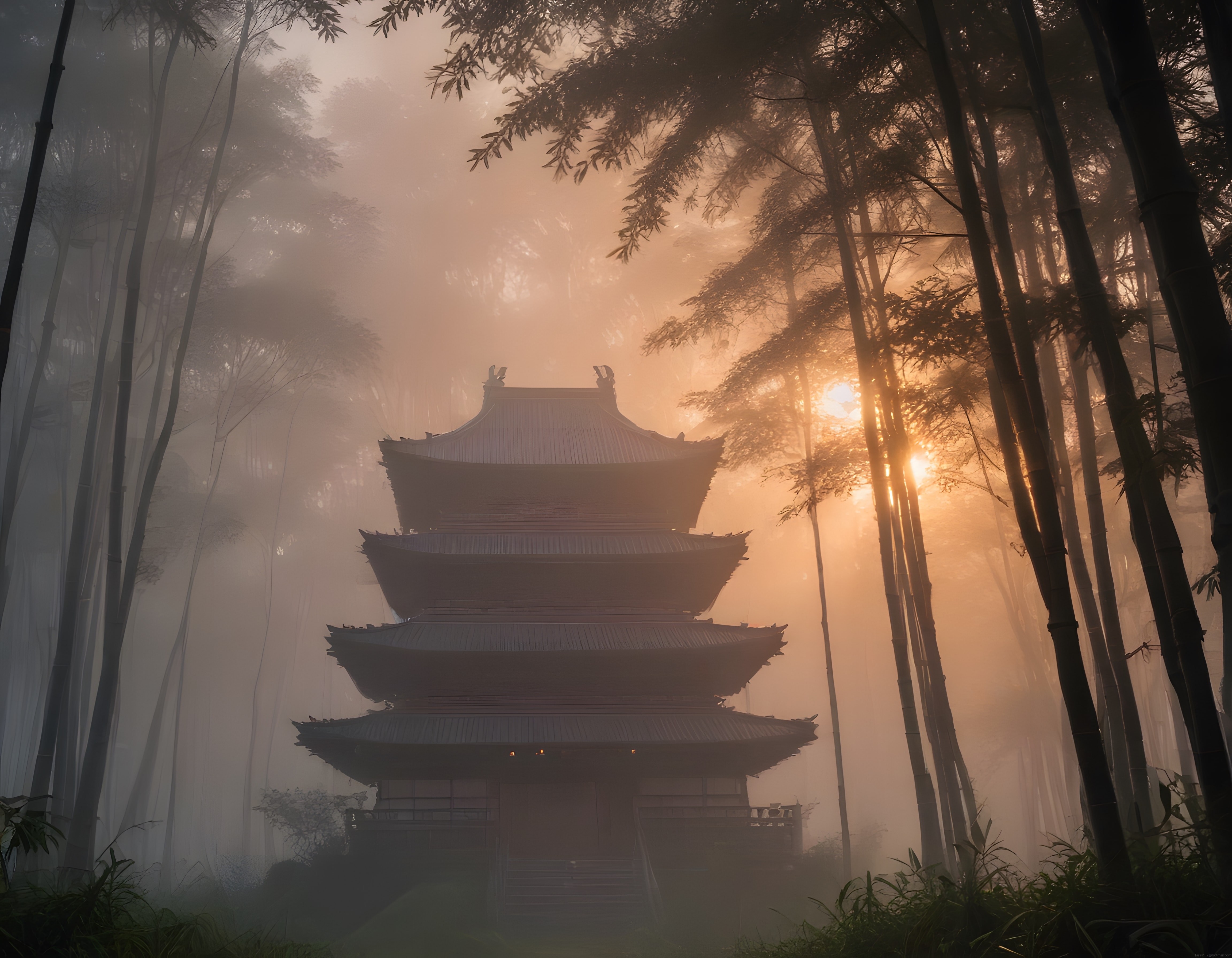 Sisli Bambu Ormanının İçinde Gizemli Bir Pagoda ve Altın Saat Işığı