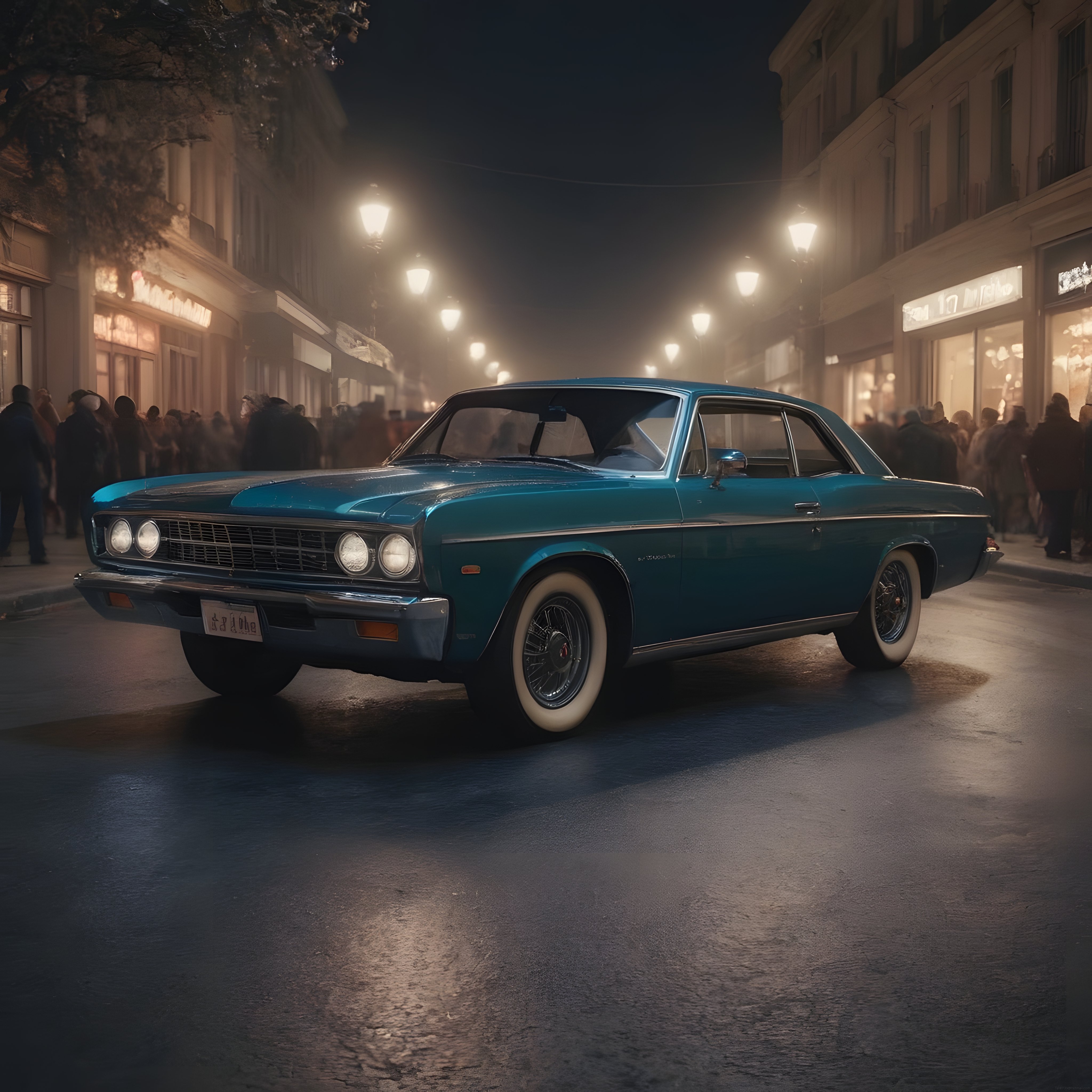 Sisli Bir Gece Sokağında Duran Nostaljik Mavi Klasik Amerikan Sedan