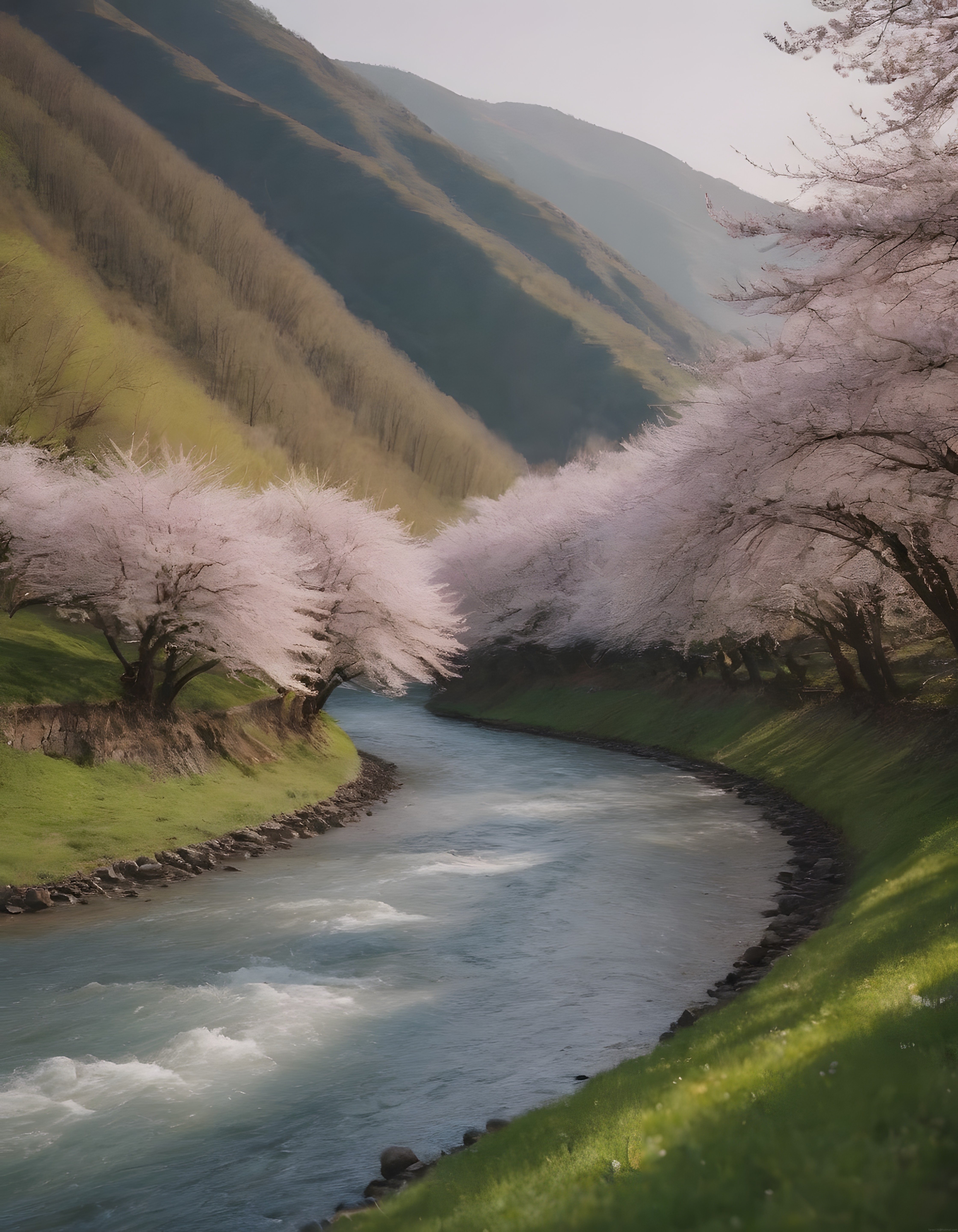 Sisli Dağlar Arasında Sakura Ağaçlarıyla Çevrili Huzurlu Nehir Manzarası