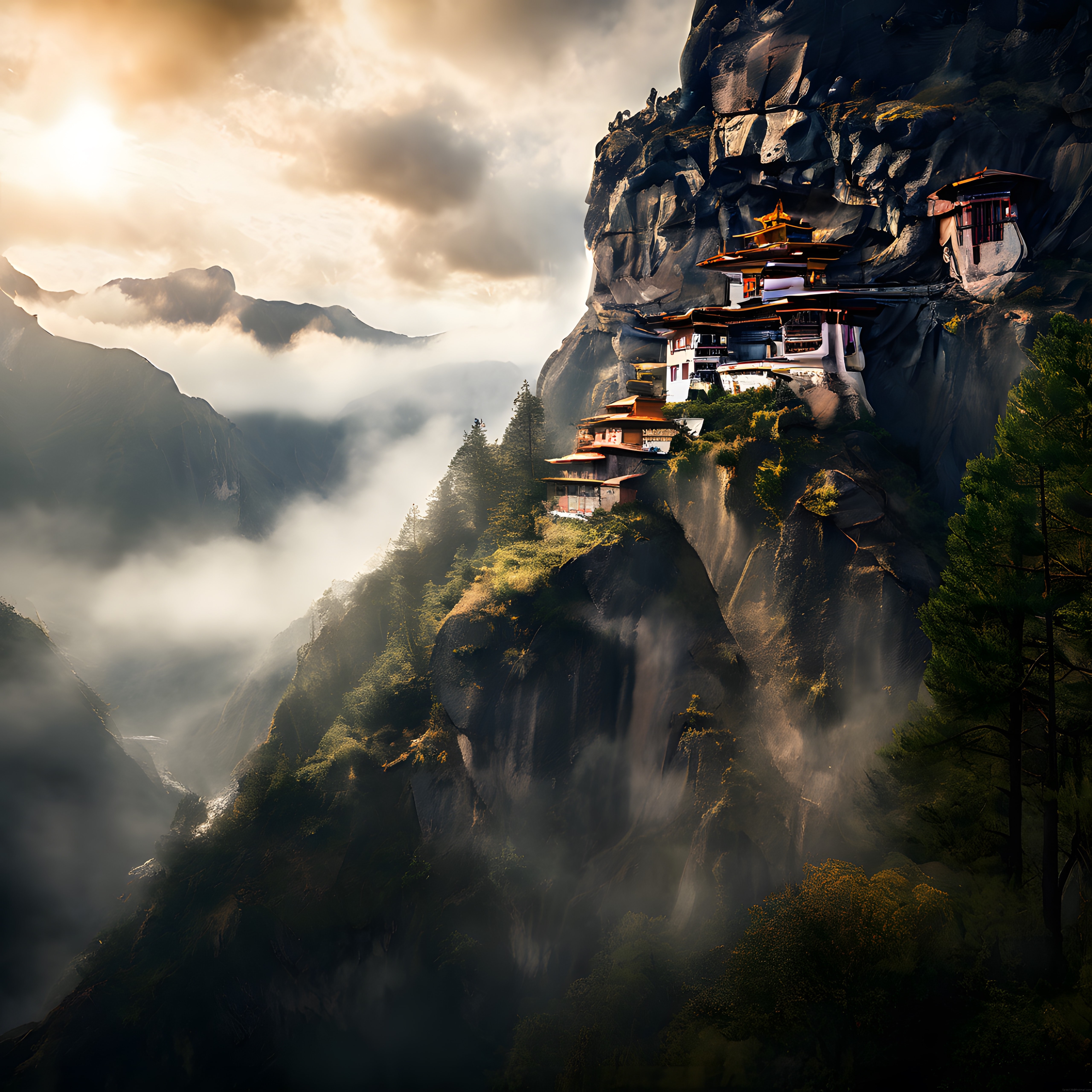 Sisli dağlara yaslanmış efsanevi Bhutan manastırının büyüleyici manzarası