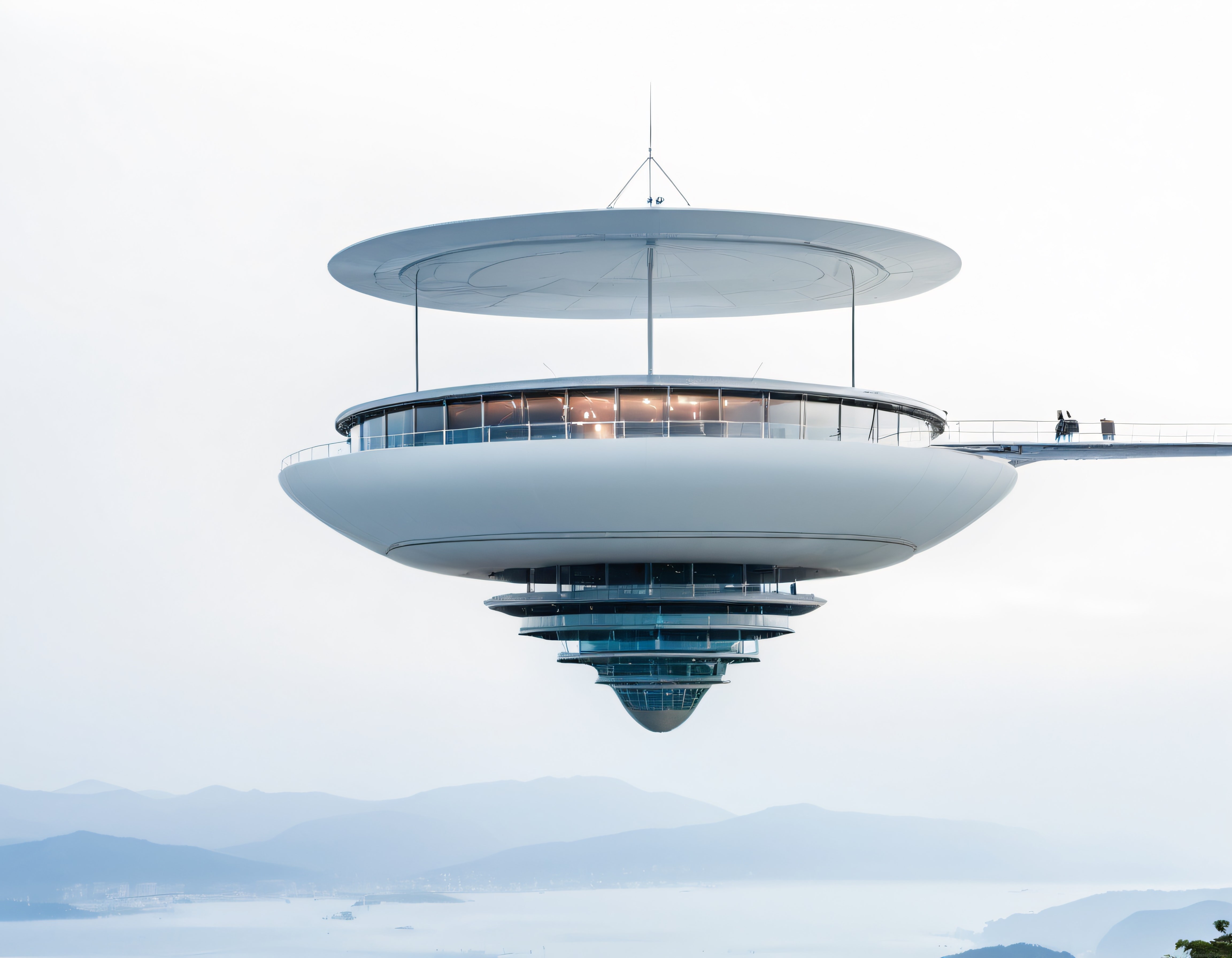 Sisli Dağların Üzerinde Asılı Duran UFO Formlu Gözlem Kulesi