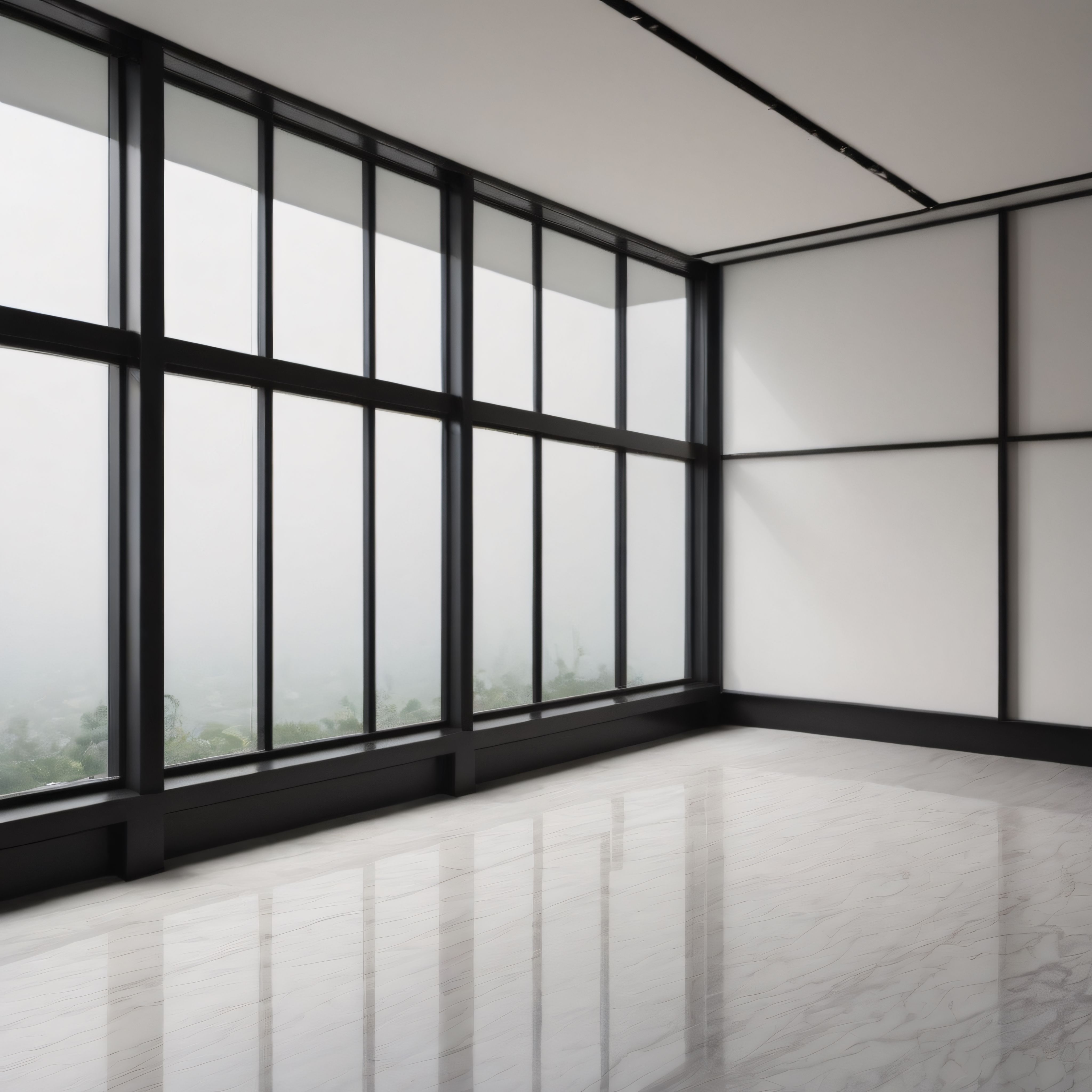 Sisli Doğa Manzaralı Siyah Çerçeveli Pencereli Lüks ve Minimalist Boş Salon