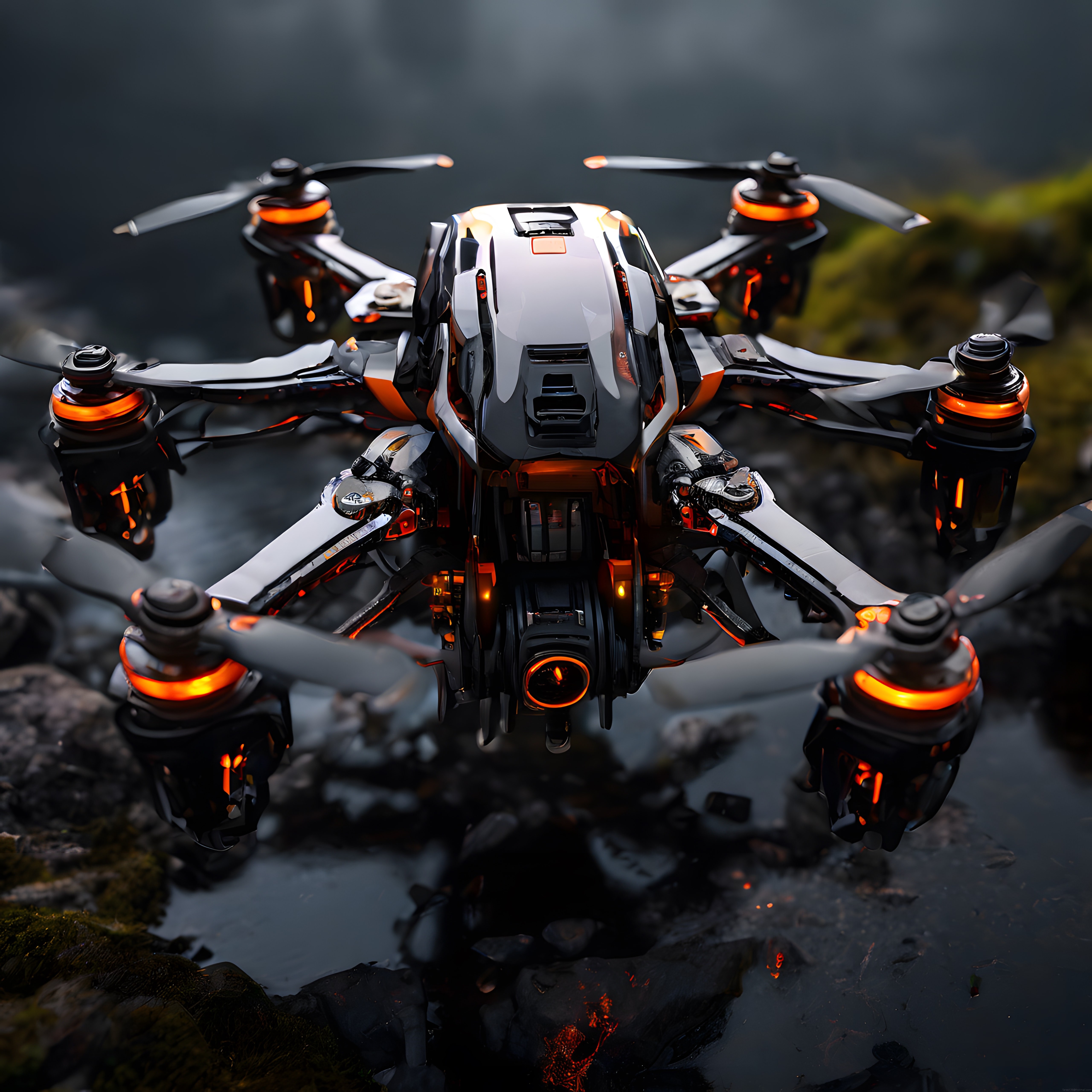 Sisli Doğada Turuncu Işıklı Gelişmiş Sekiz Pervaneli Drone