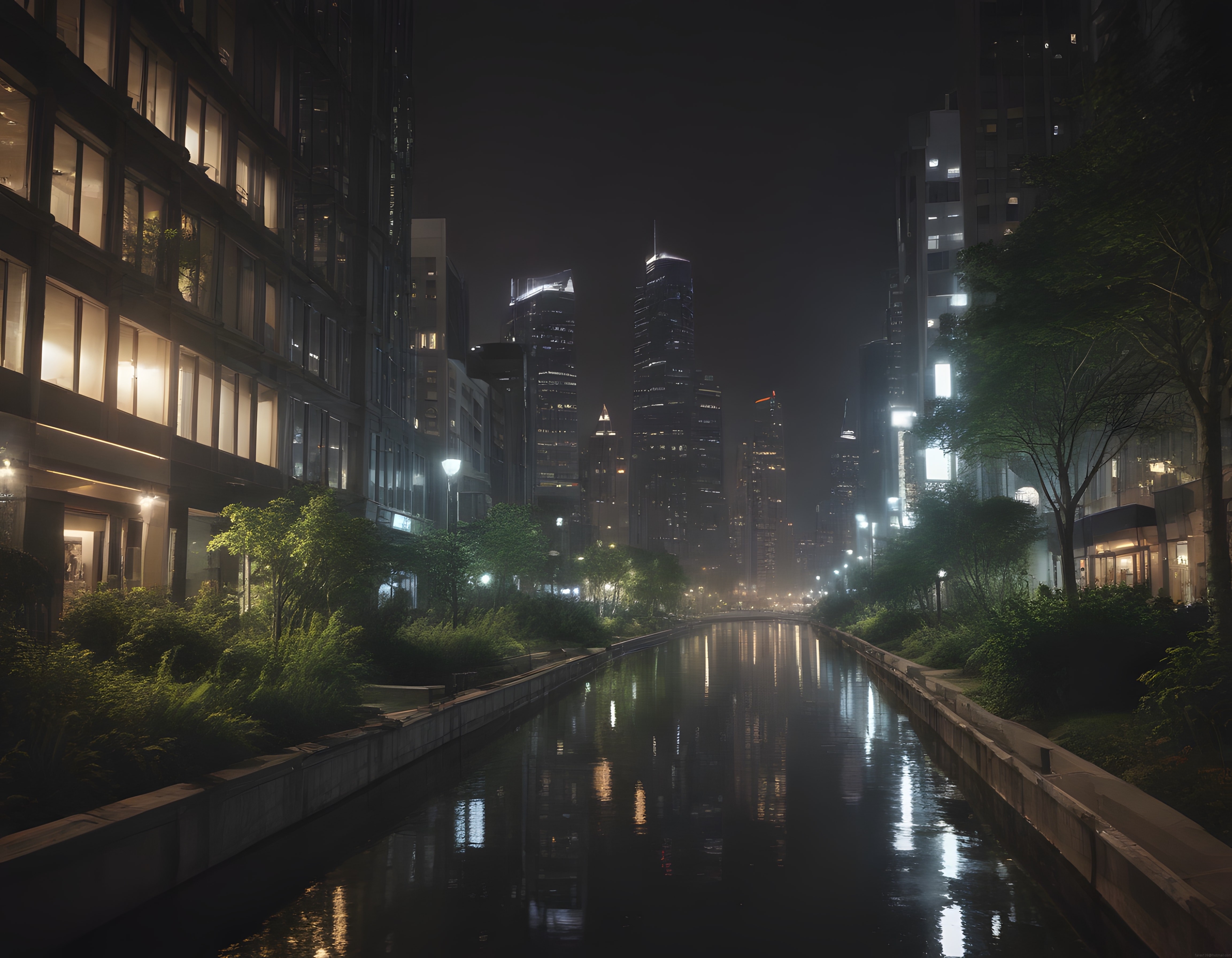 Sisli Gece Havasında Kanal Kenarındaki Gökdelenler ve Yansıyan Şehir Işıkları