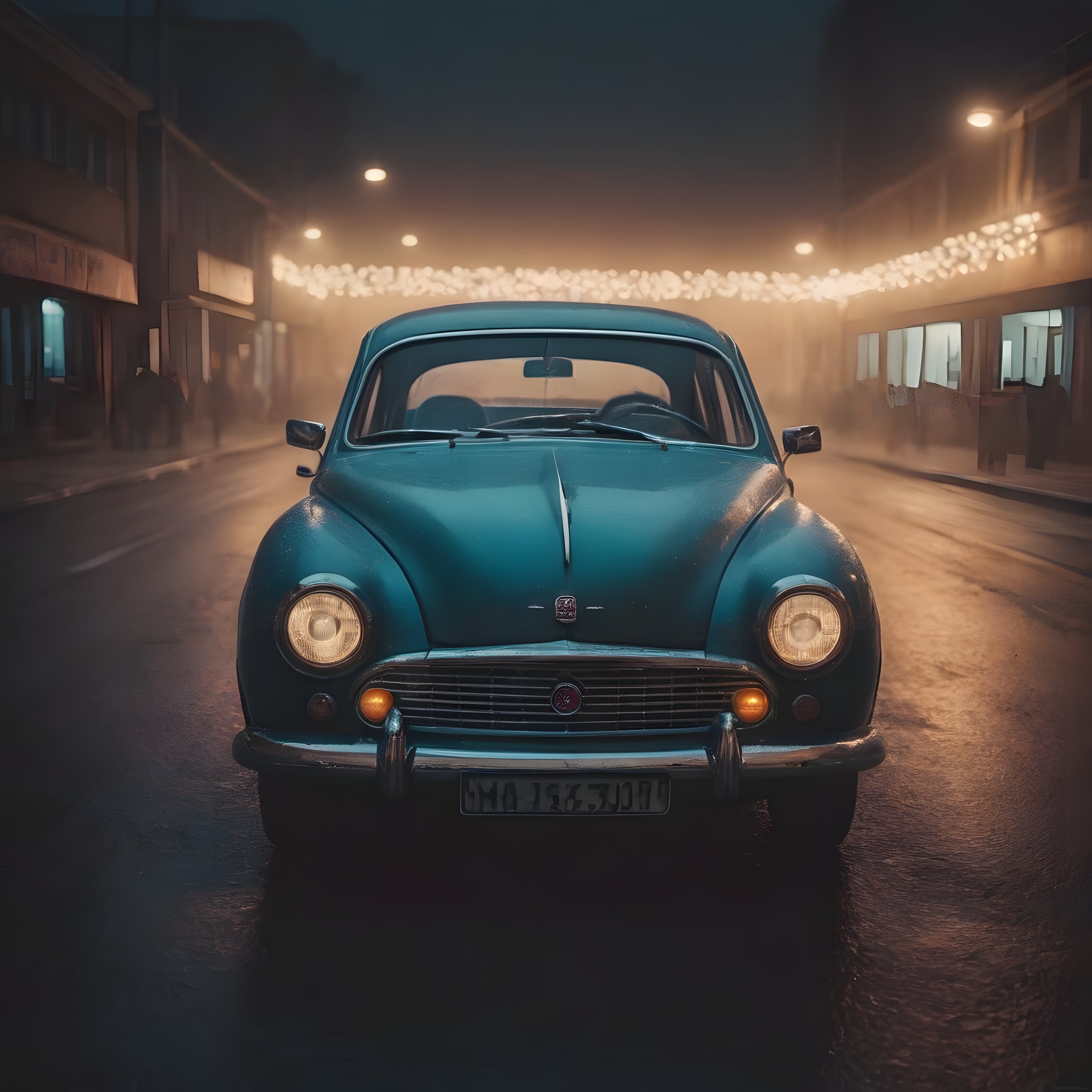 Sisli Gece Sokağında Farlarını Açmış Nostaljik Klasik Arabanın Büyüleyici Havası