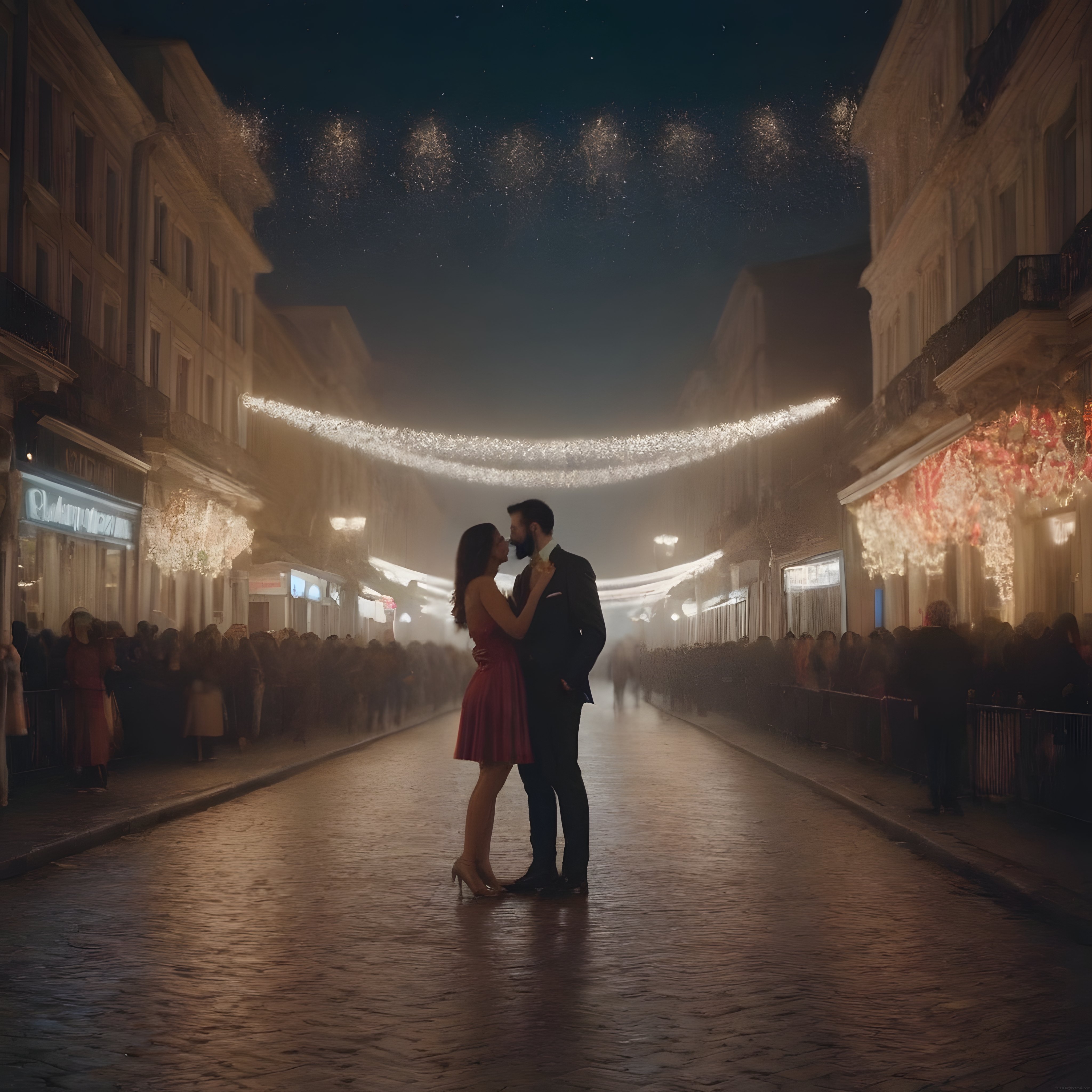 Sisli Gecede Işık Süslemeli Avrupa Sokağında Romantik An Yaşayan Çift