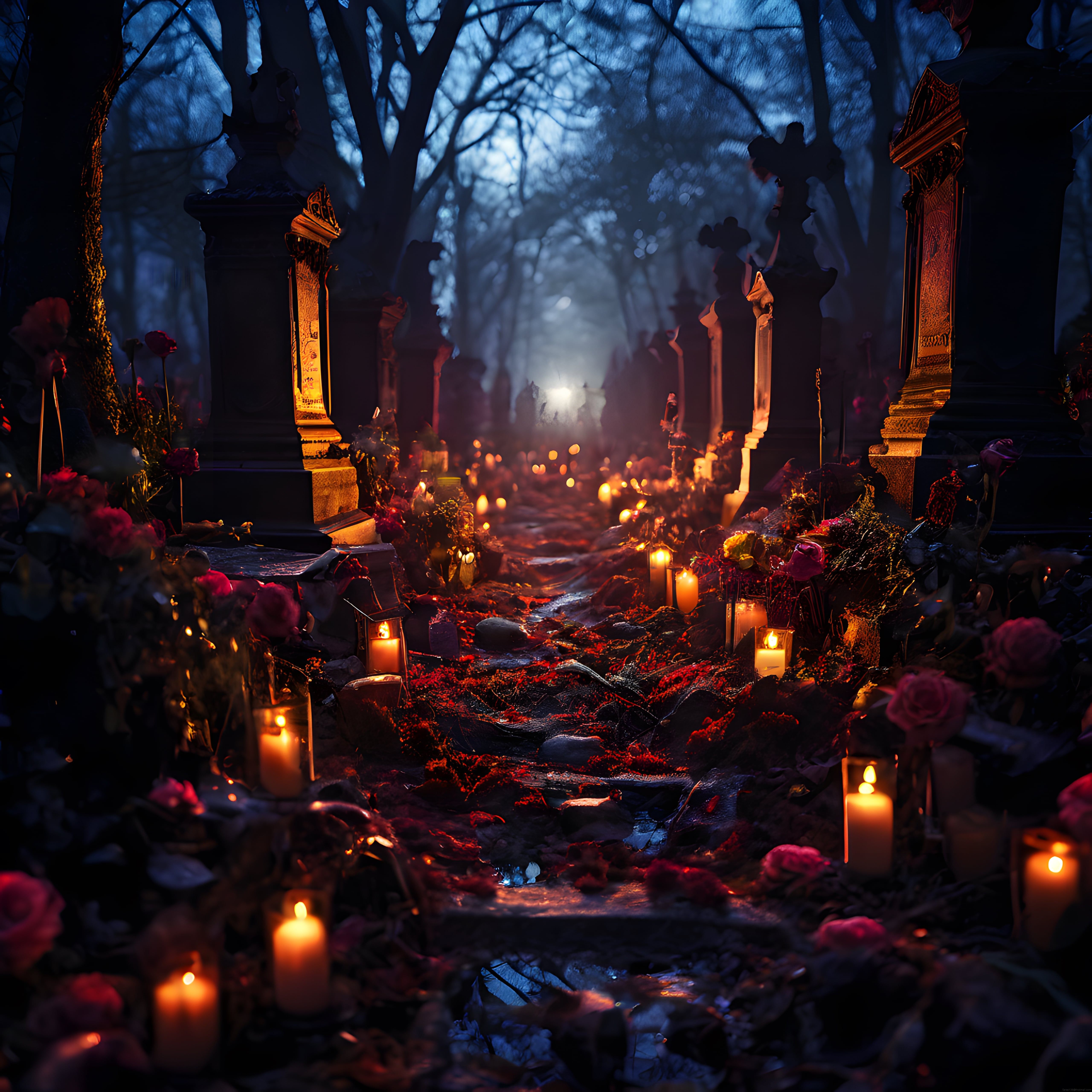 Sisli Geceydi Mumlarla Aydınlanan Eski Sonbahar Mezarlığı ve Gotik Atmosfer
