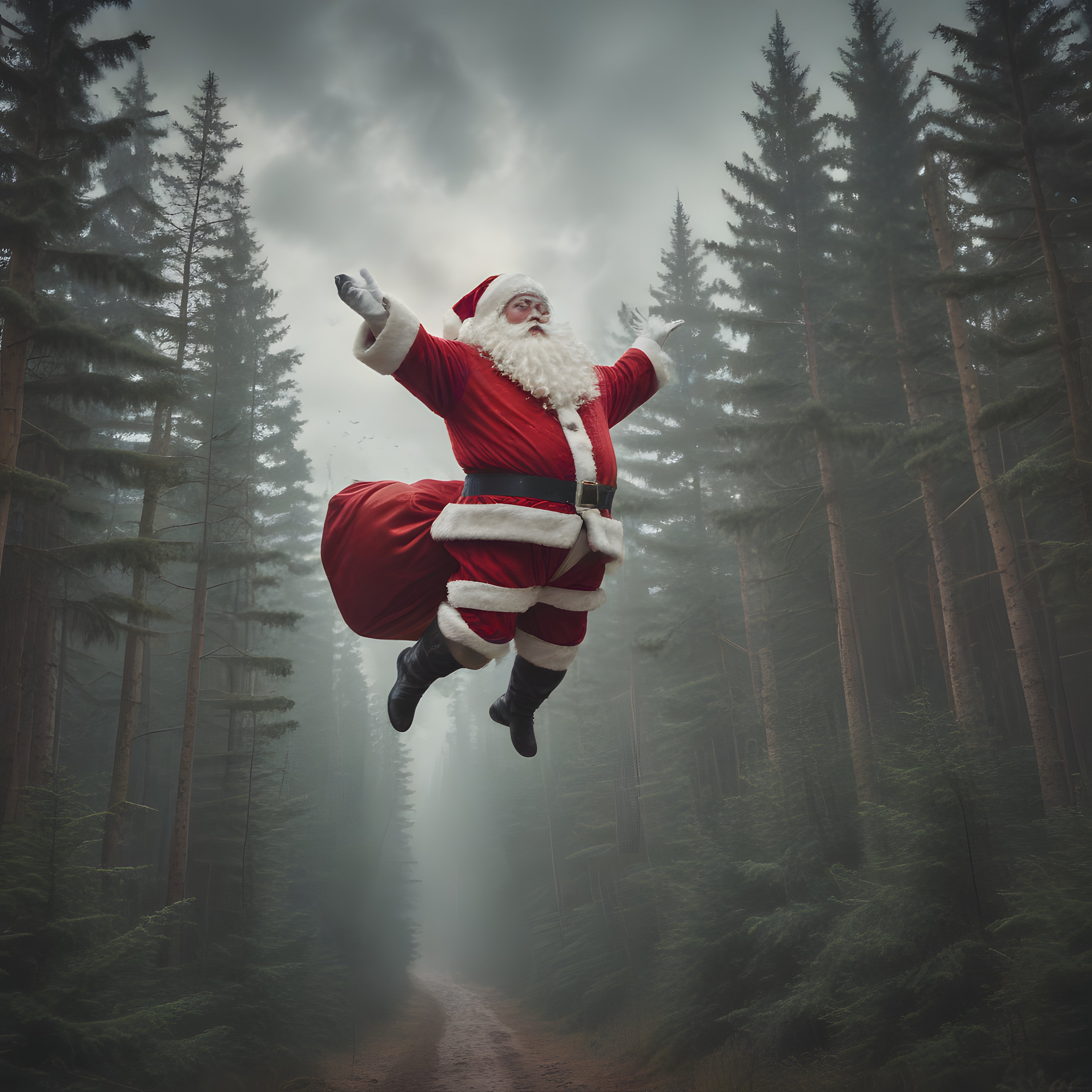 Sisli Gizemli Çam Ormanında Havada Uçan Noel Baba Konsept Çalışması