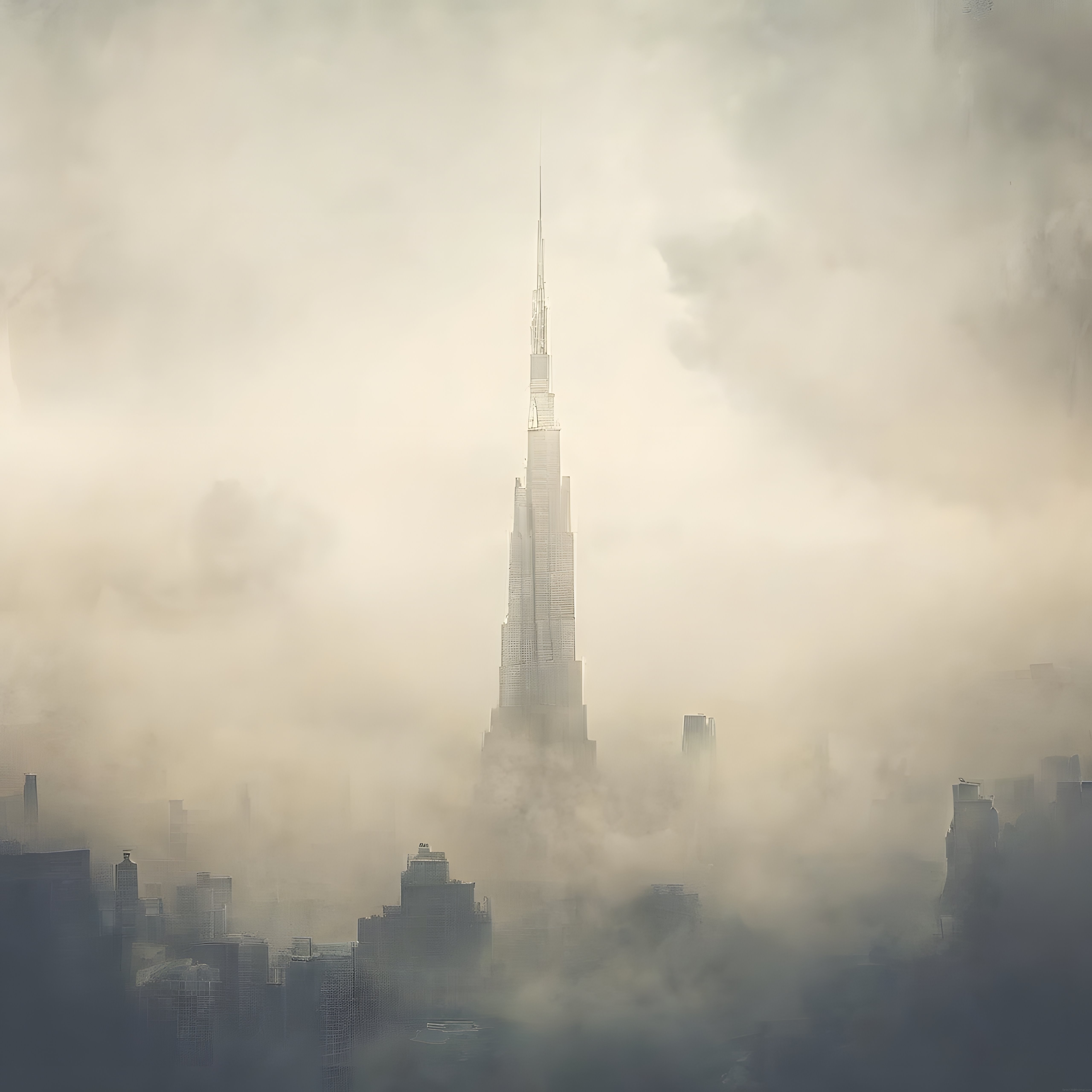 Sisli Gökyüzünde Yükselen Burj Khalifa ve Dubai'nin Büyüleyici Silüeti