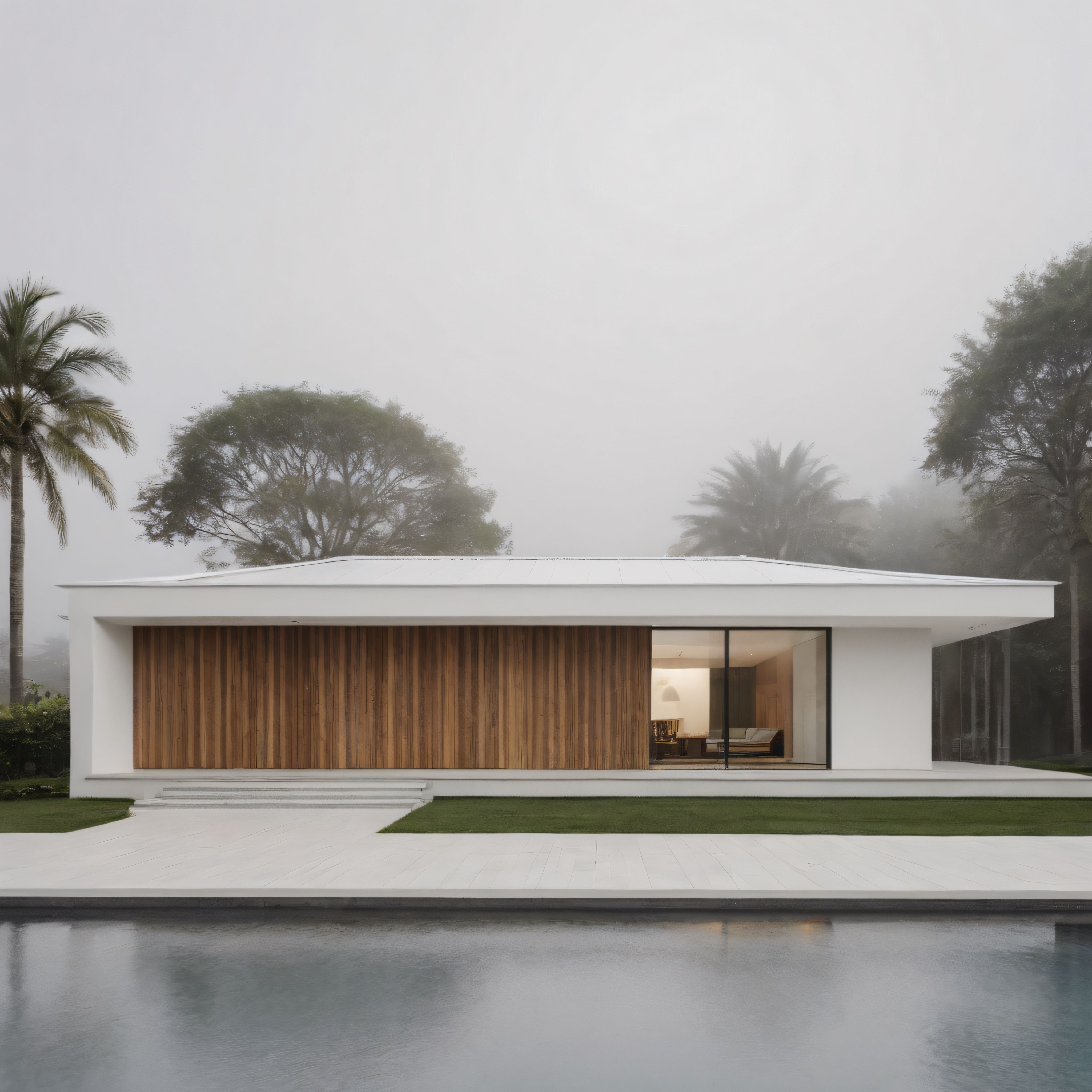 Sisli havada beyaz minimalist tek katlı villa ve havuz