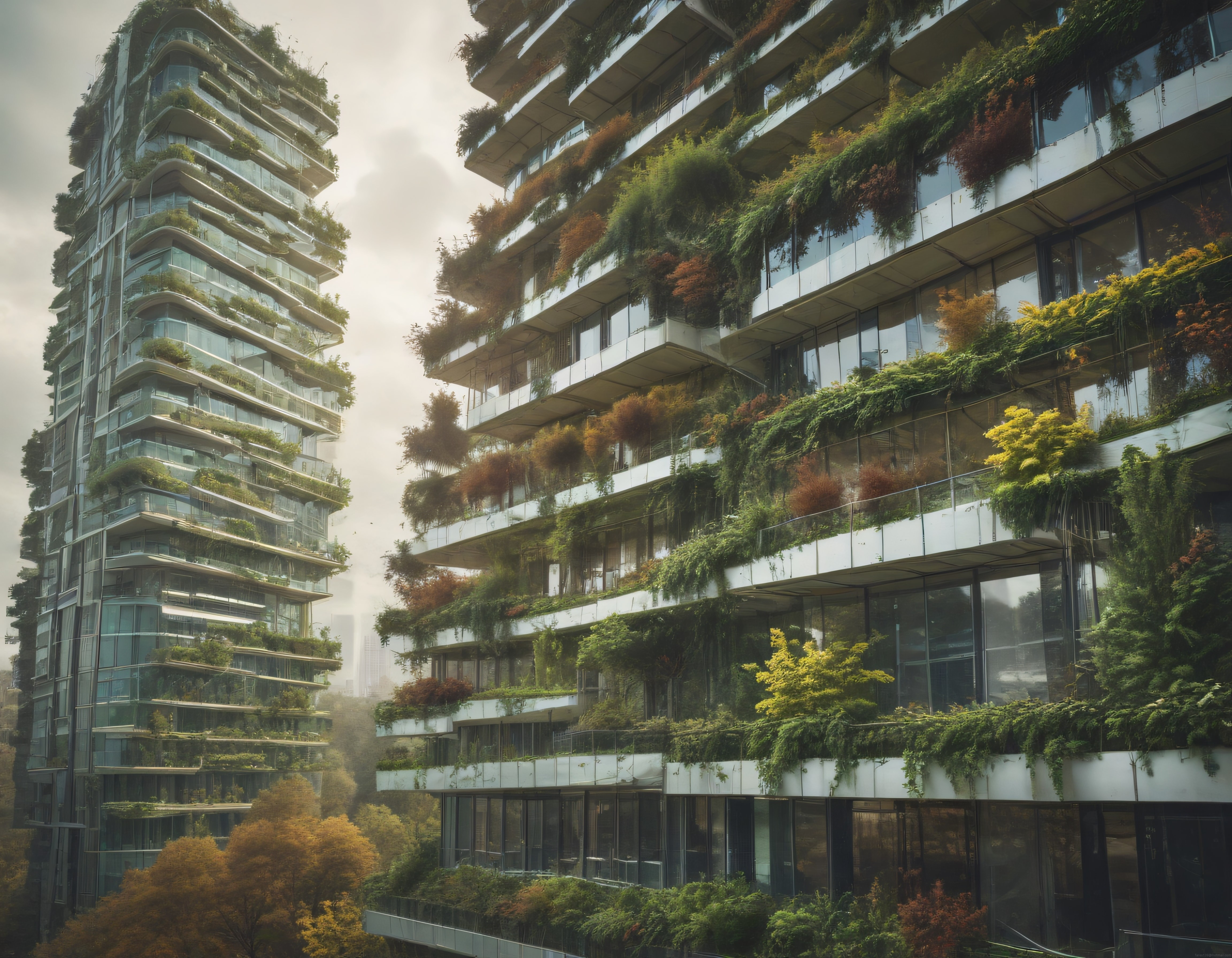 Sisli havada dikey bahçelerle kaplı modern sürdürülebilir gökdelenler