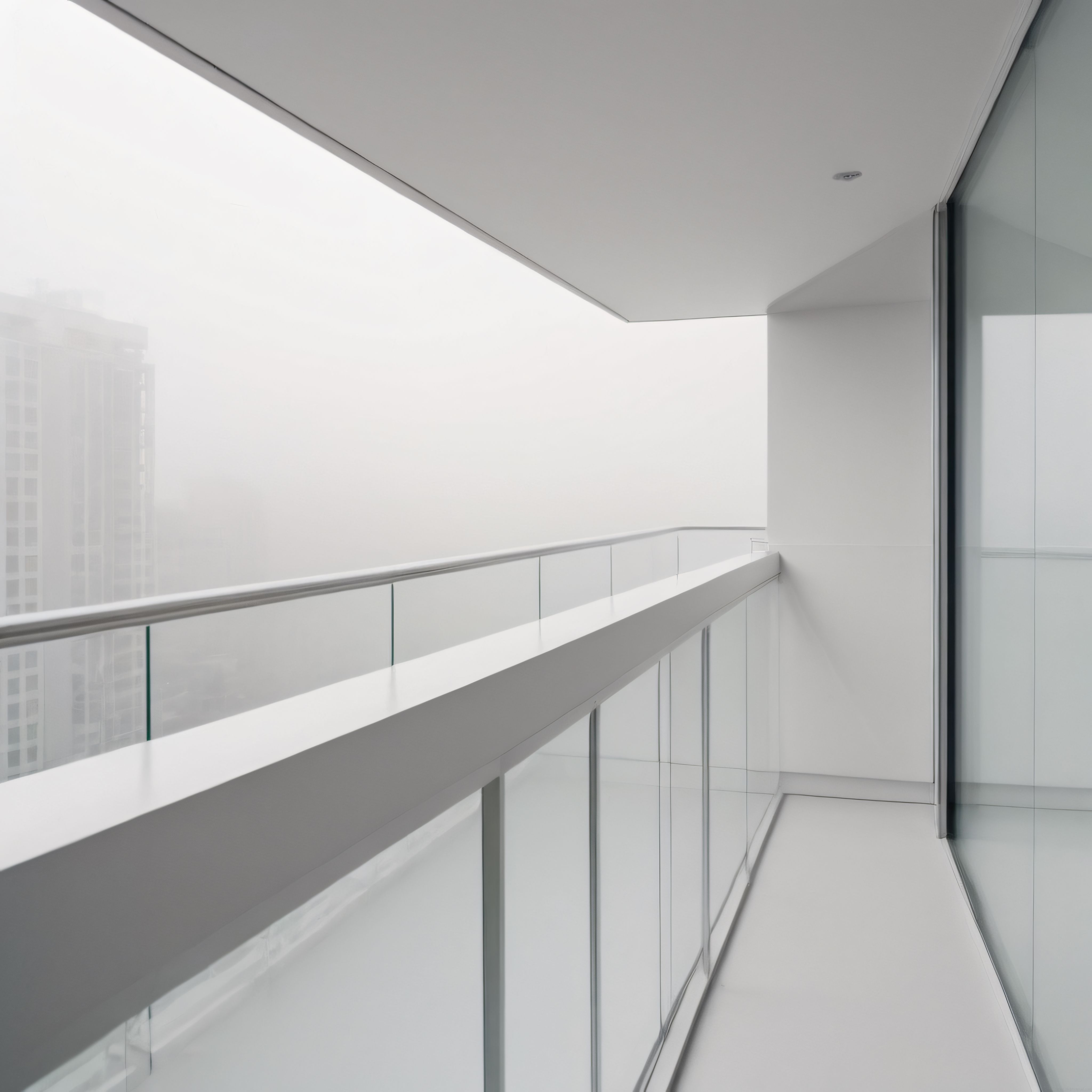 Sisli Havada Modern Mimari: Cam Korkuluklu Minimalist Balkon ve Gizemli Şehir Manzarası