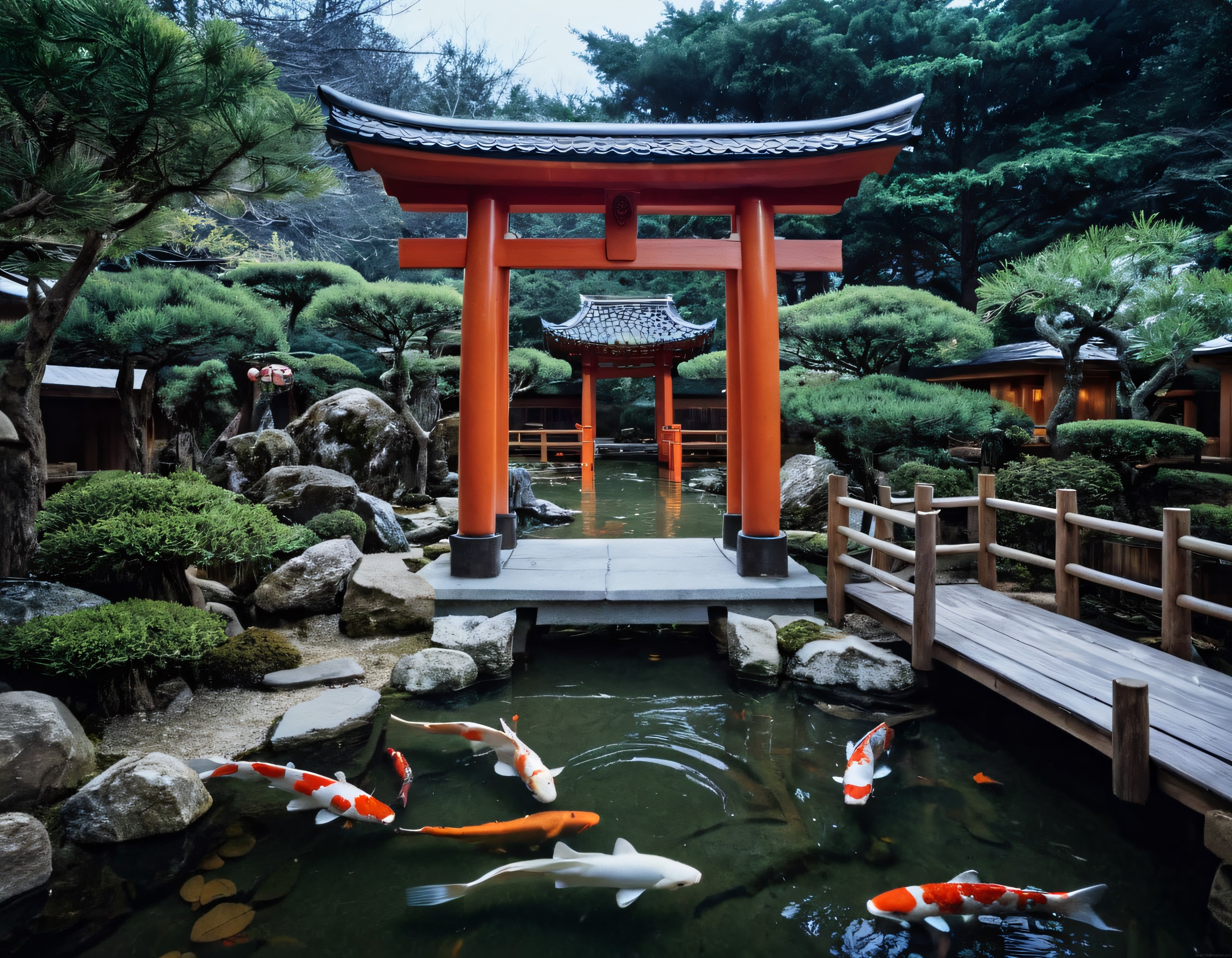 Sisli Japon Bahçesinde Kırmızı Torii Kapısı ve Yüzen Koi Balıkları