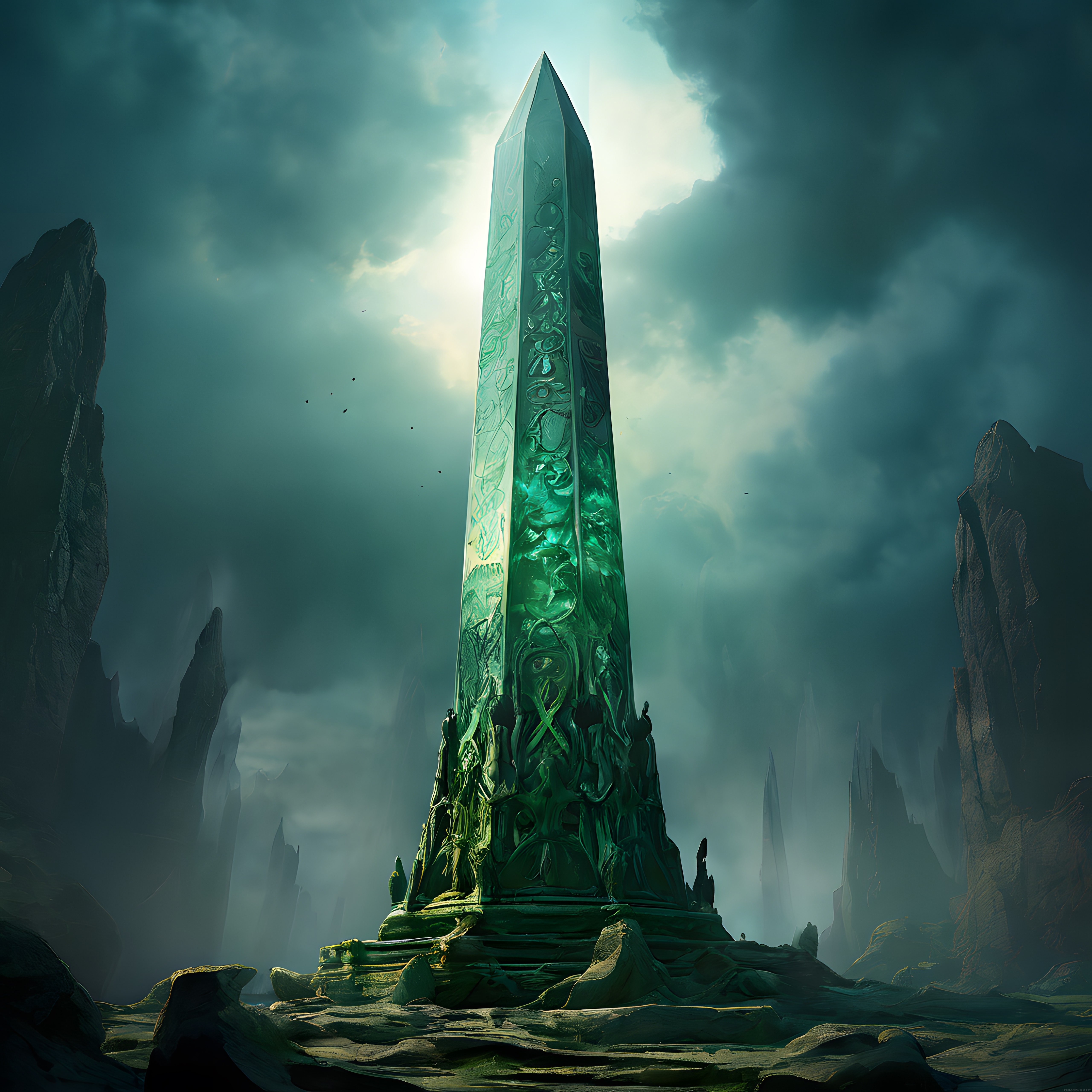 Sisli Kayalıklar Arasında Yükselen Gizemli Yeşil Kristal Obelisk