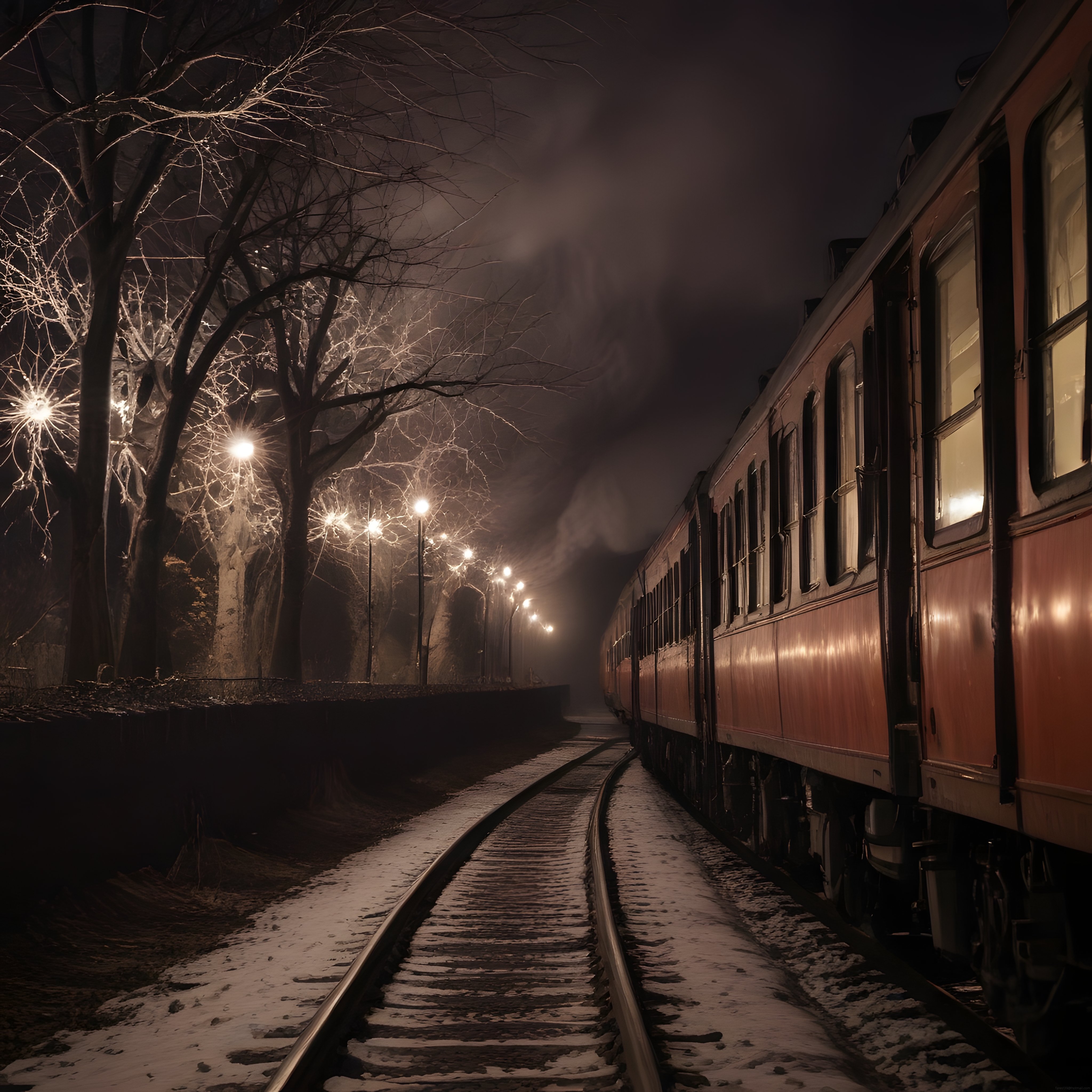 Sisli Kış Gecesinde Nostaljik Buhar Treni ve Aydınlatılmış Raylar