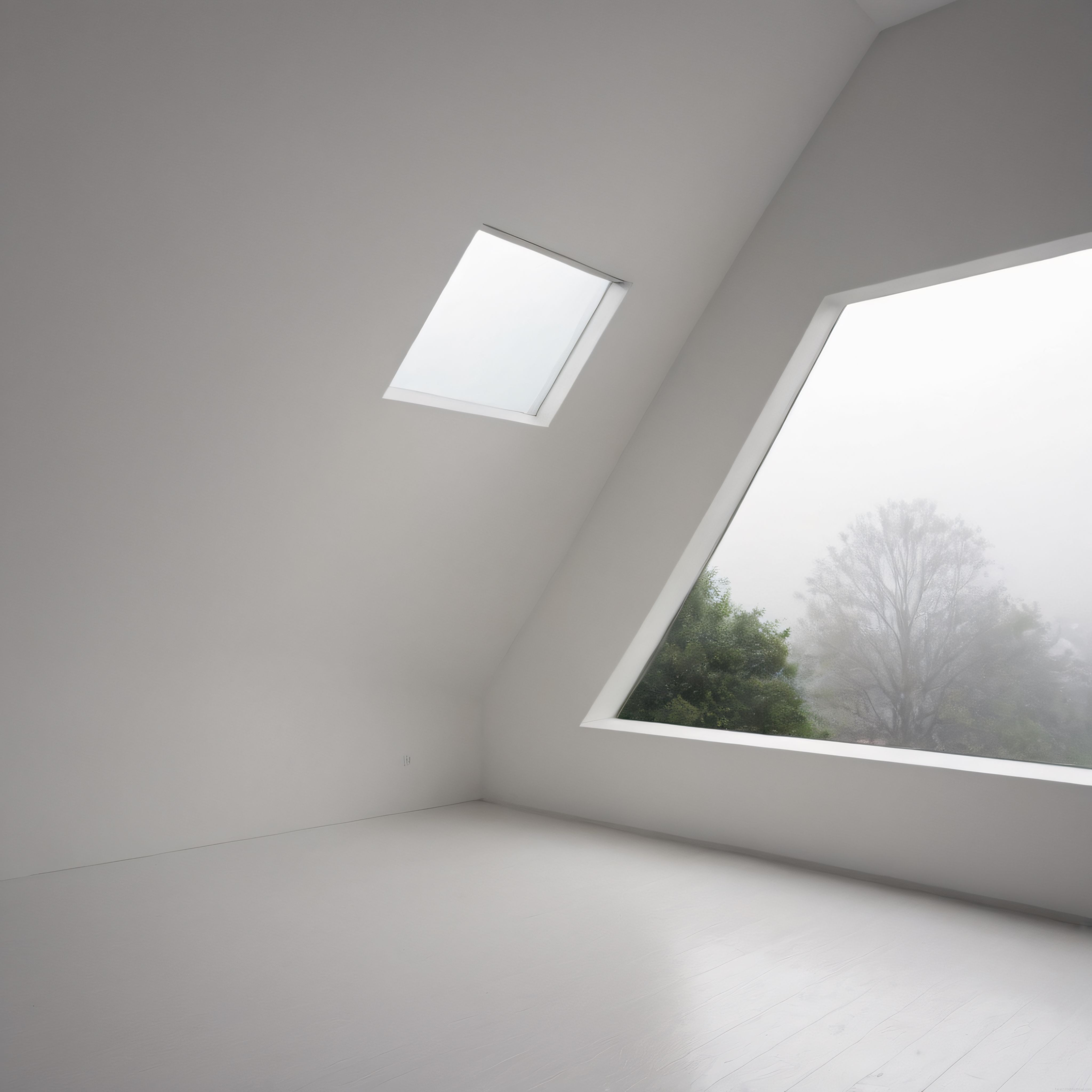 Sisli Orman Manzaralı Minimalist Beyaz Çatı Katı ve Sessiz Işıklı Oda