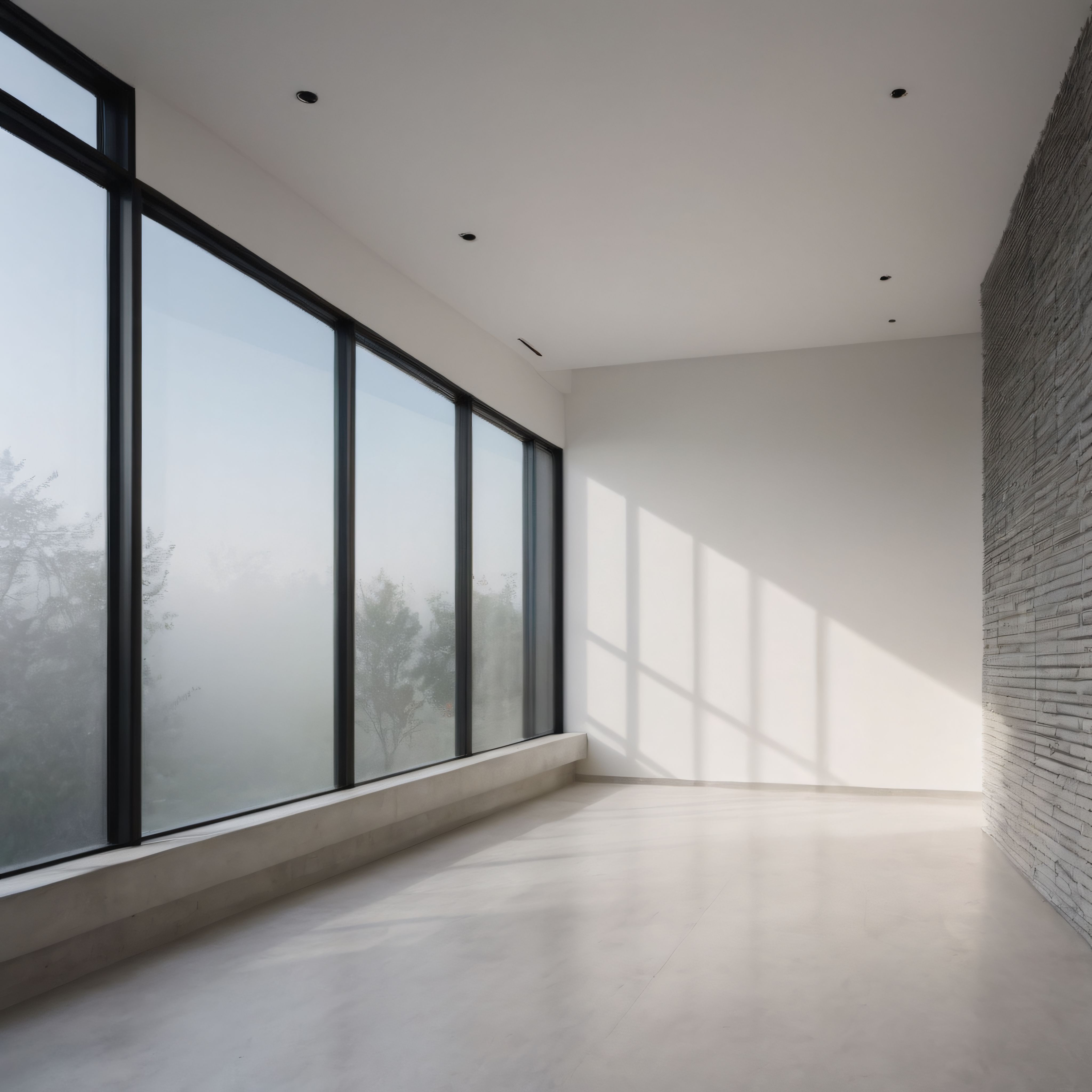 Sisli Orman Manzaralı Modern Boş Oda ve Minimalist Mimari Detaylar