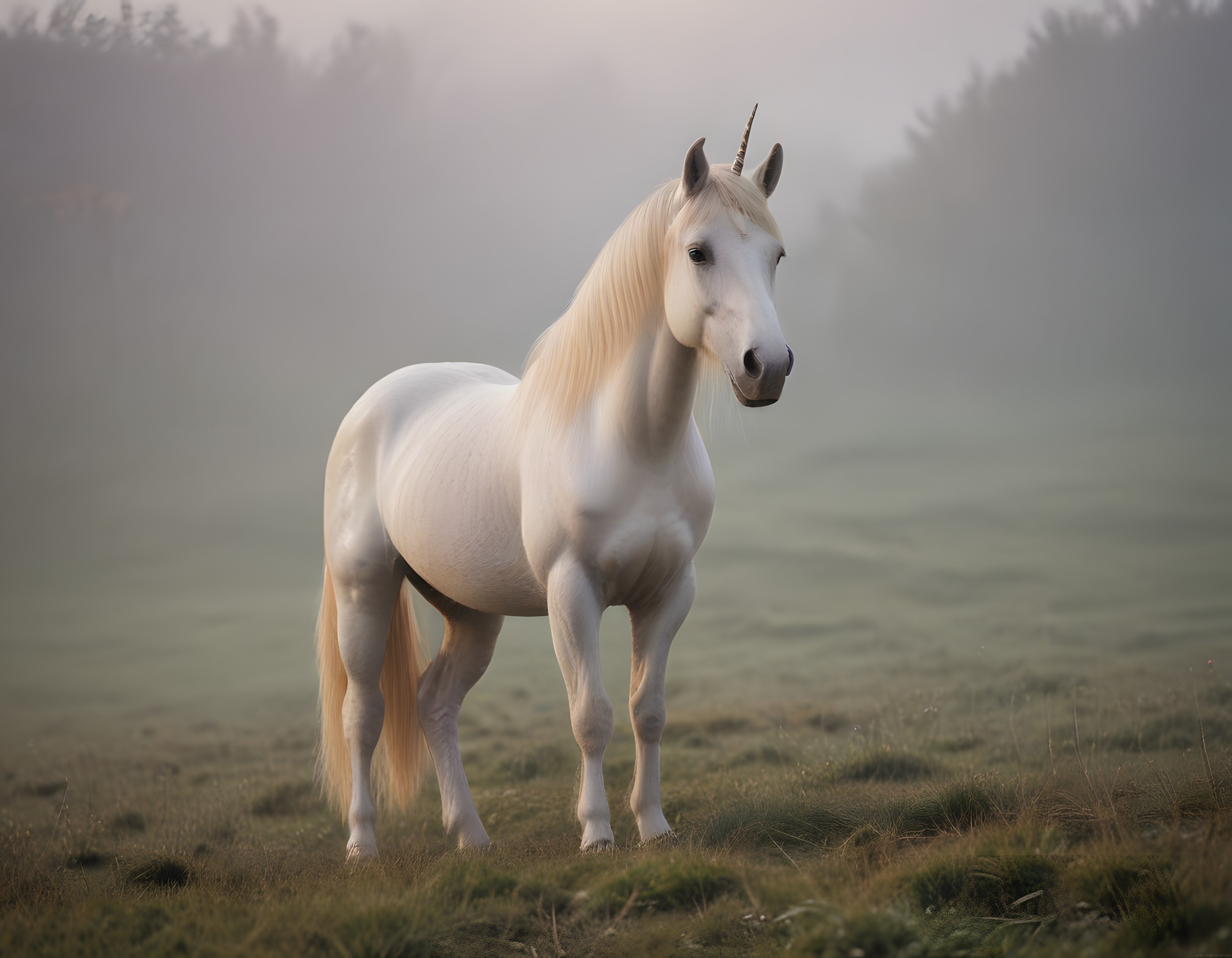 Sisli Ormanda Gizemli Duran Beyaz Unicorn ve Doğanın Büyüleyici Atmosferi