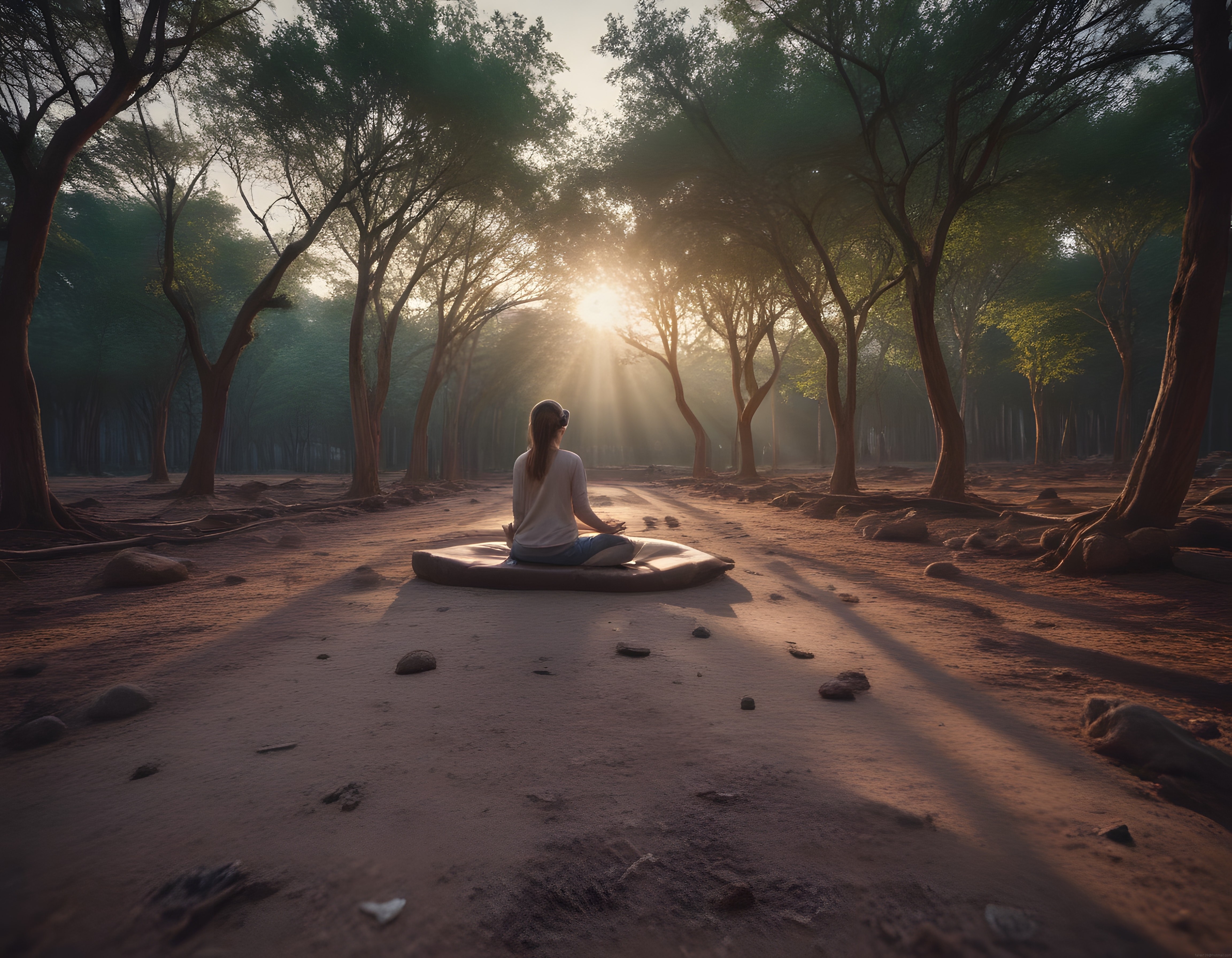 Sisli Ormanda Gün Doğumunda Meditasyon Yapan Kadın ve Huzur Dolu Atmosfer