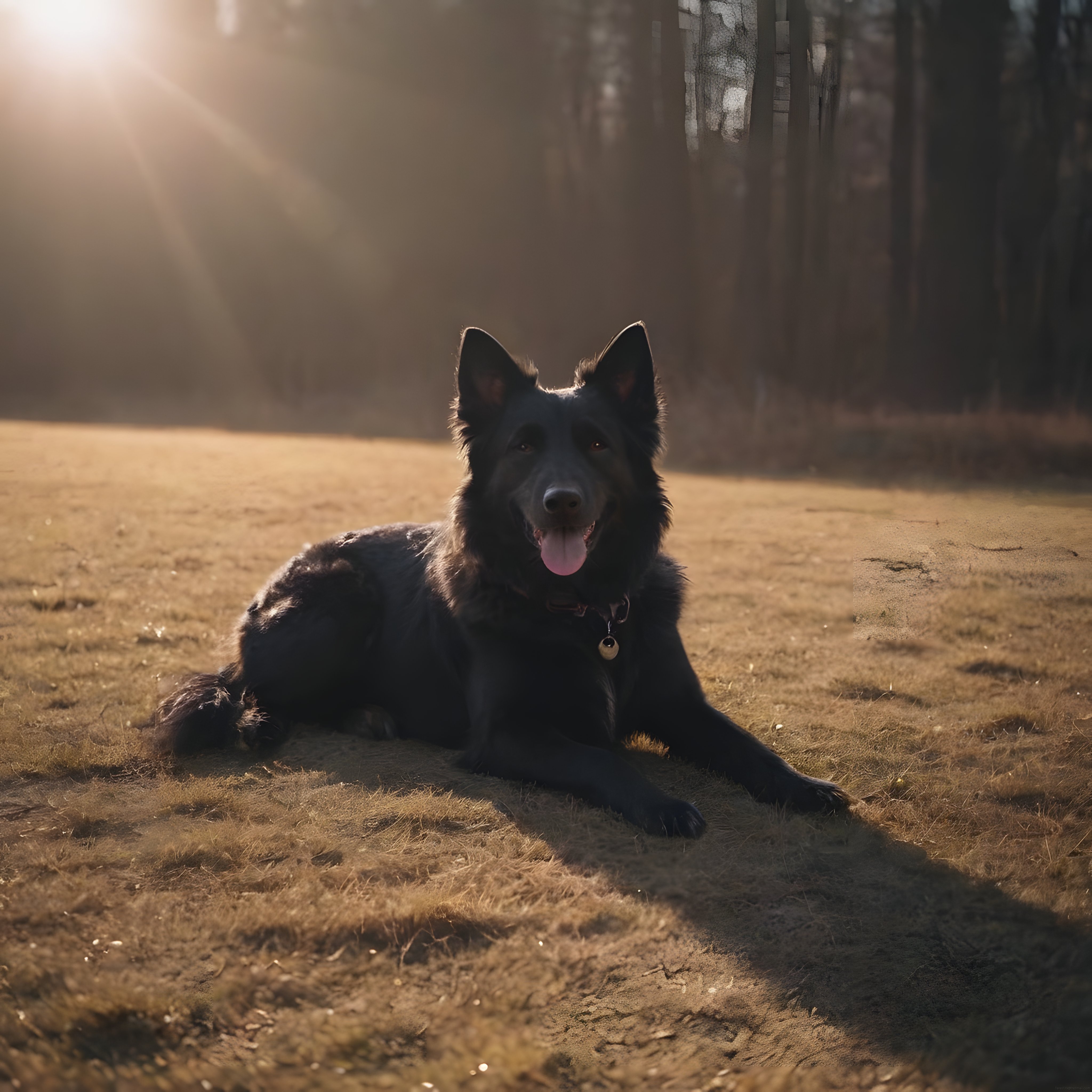 Sisli Ormanın Etrafında Güneş Işığında Yatan Uzun Tüylü Siyah Çoban Köpeği
