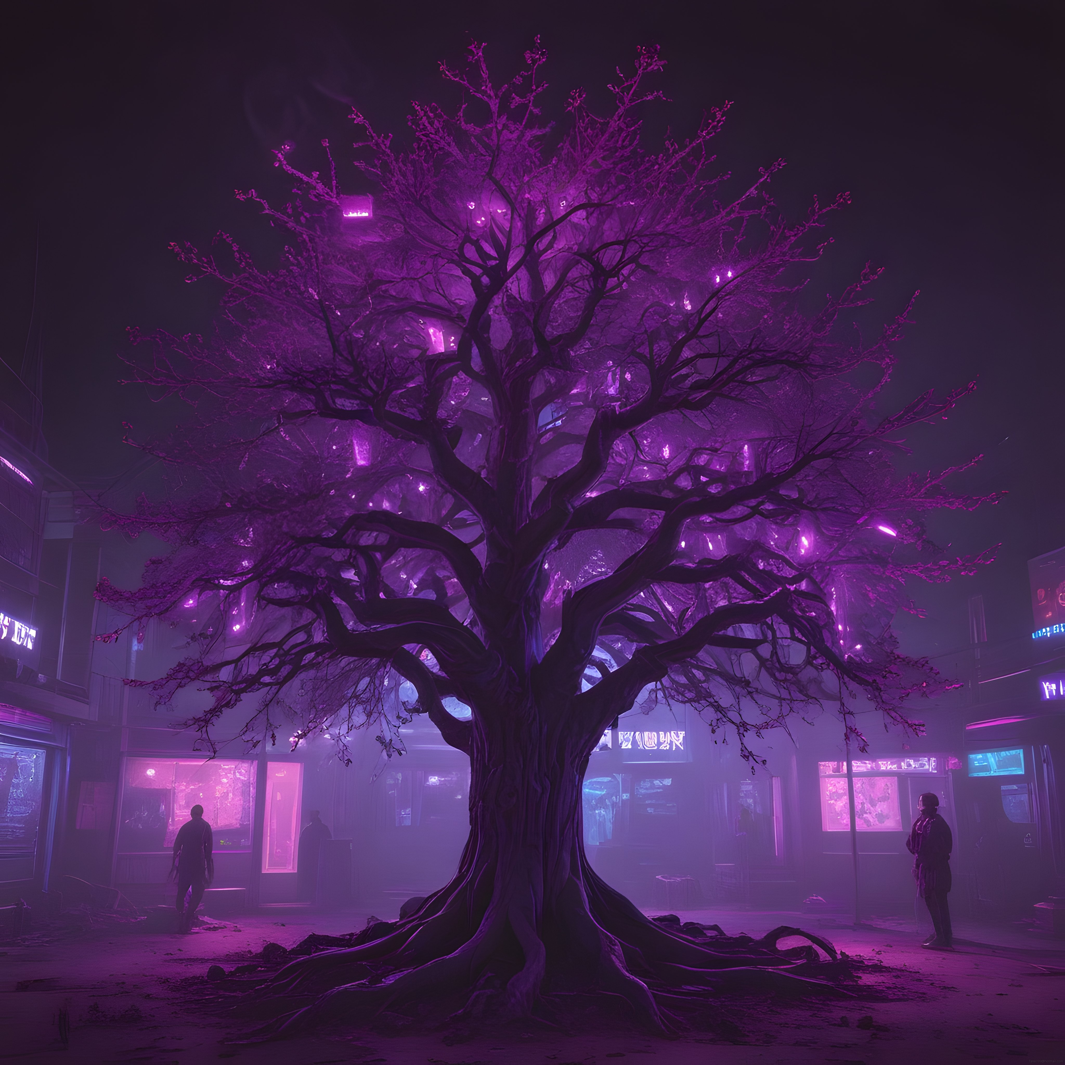 Sisli Sokakta Neon Işıklarla Aydınlanan Dev Ağaç ve Cyberpunk Atmosfer