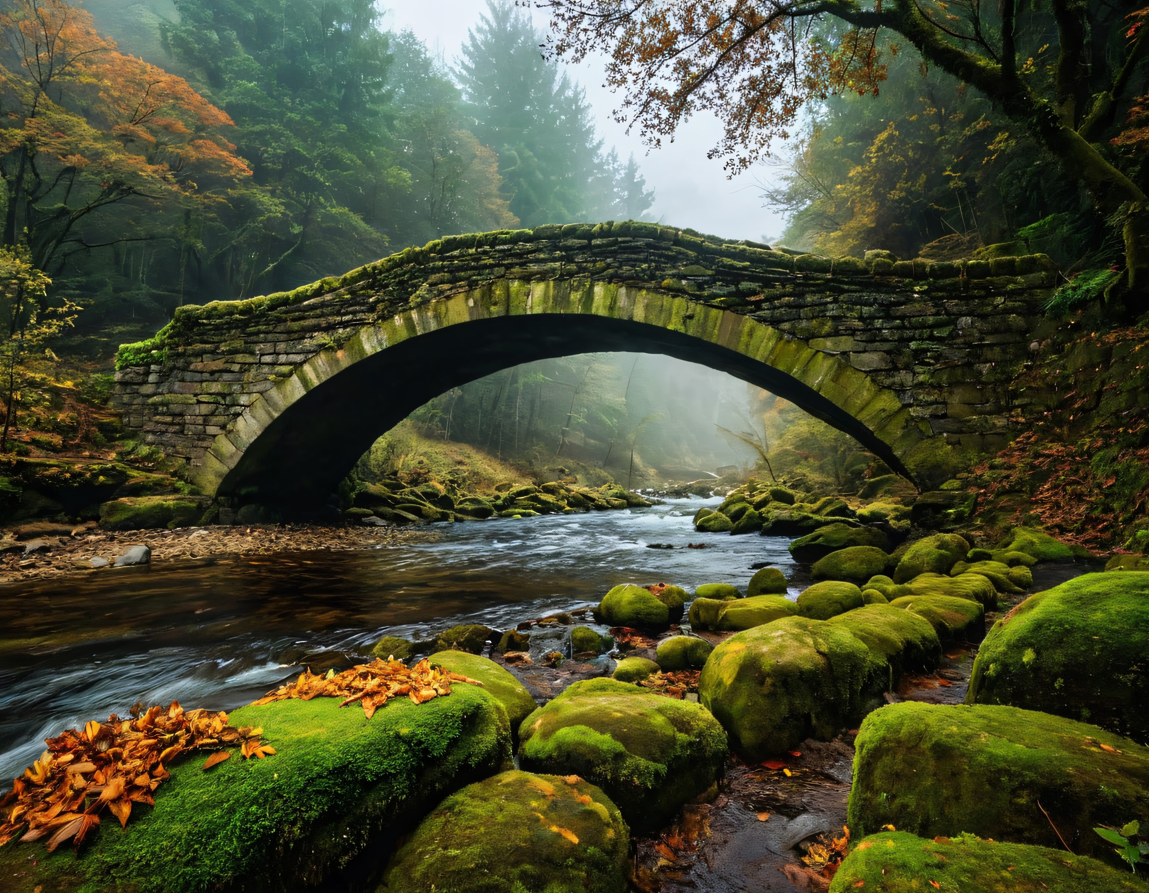 Sisli Sonbahar Ormanında Yosunlu Tarihi Taş Köprü ve Akarsu