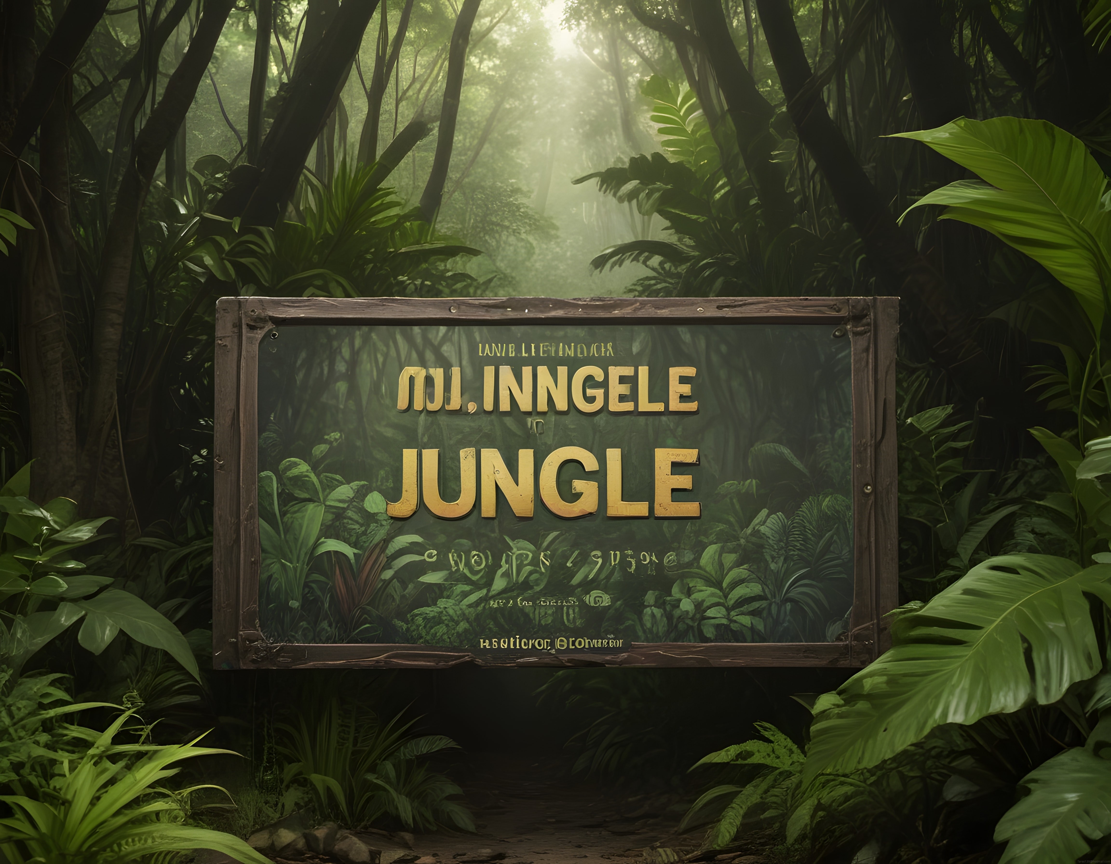 Sisli Tropikal Ormanda Eski Ahşap Tabela ve Işıltılı Jungle Atmosferi