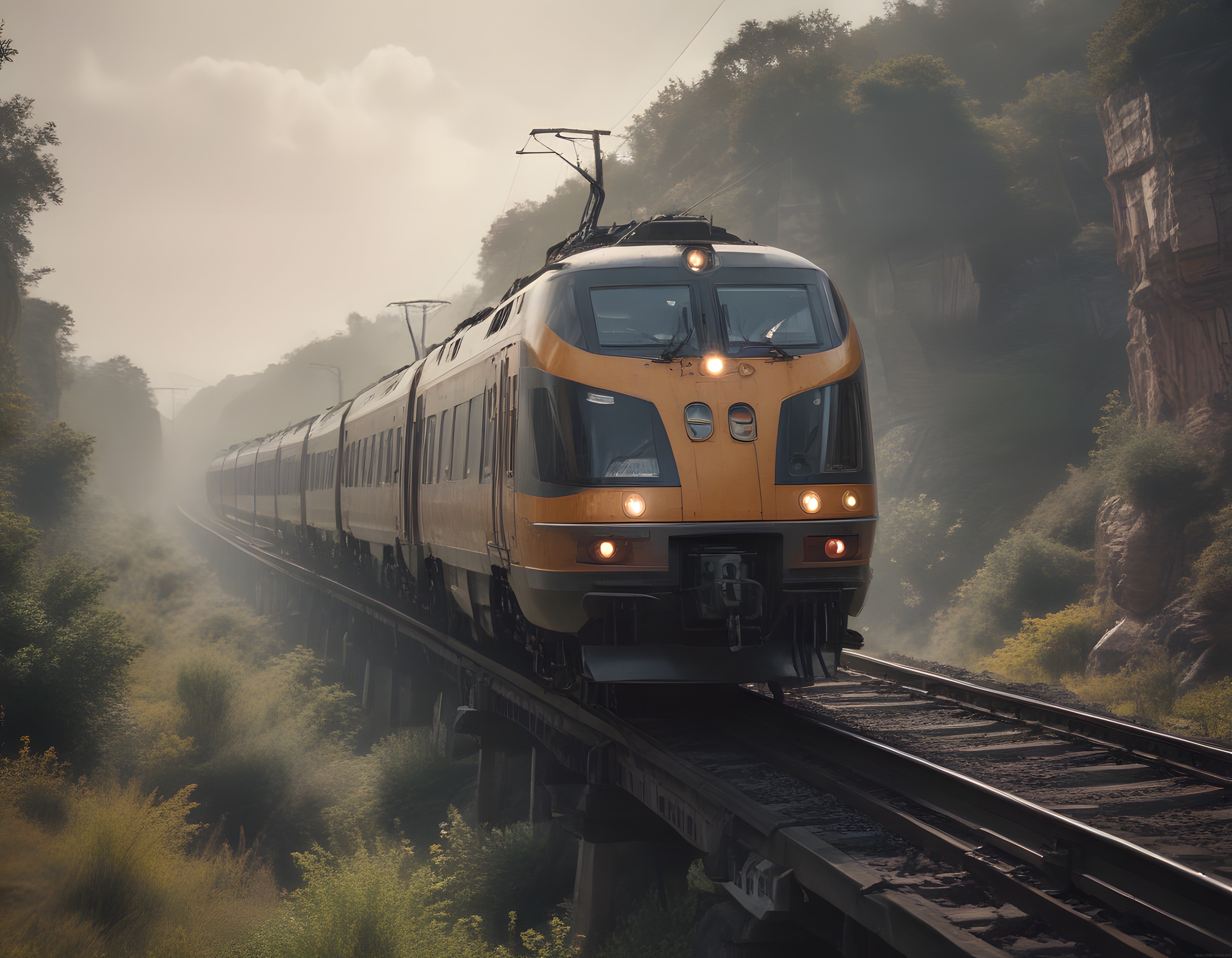 Sisli Vadide Yüksek Köprüden Geçen Sarı Tren ve Büyüleyici Doğa Manzarası