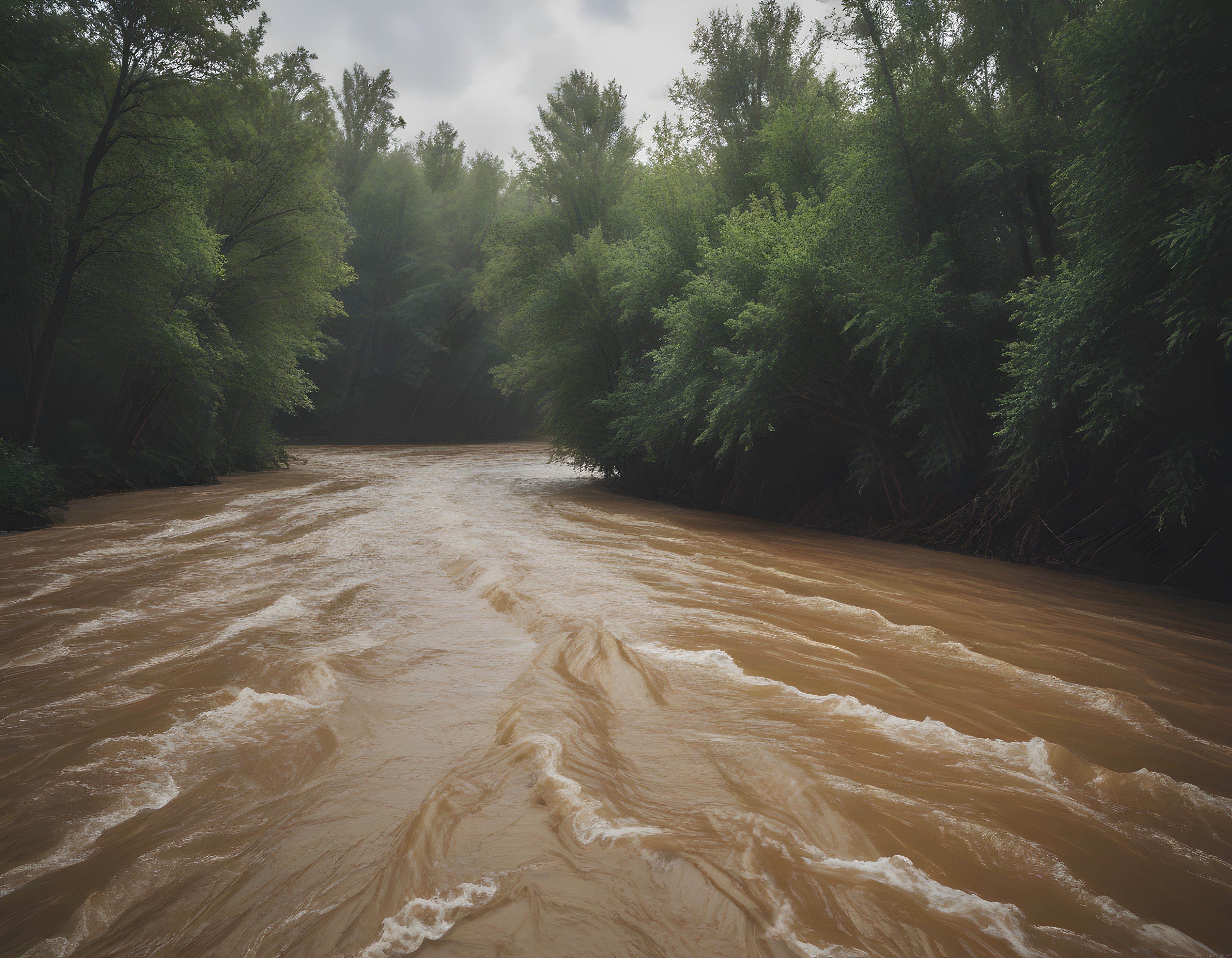 Sisli ve Yağışlı Havada Sel Suları İçinde Çamurlu Orman Nehri