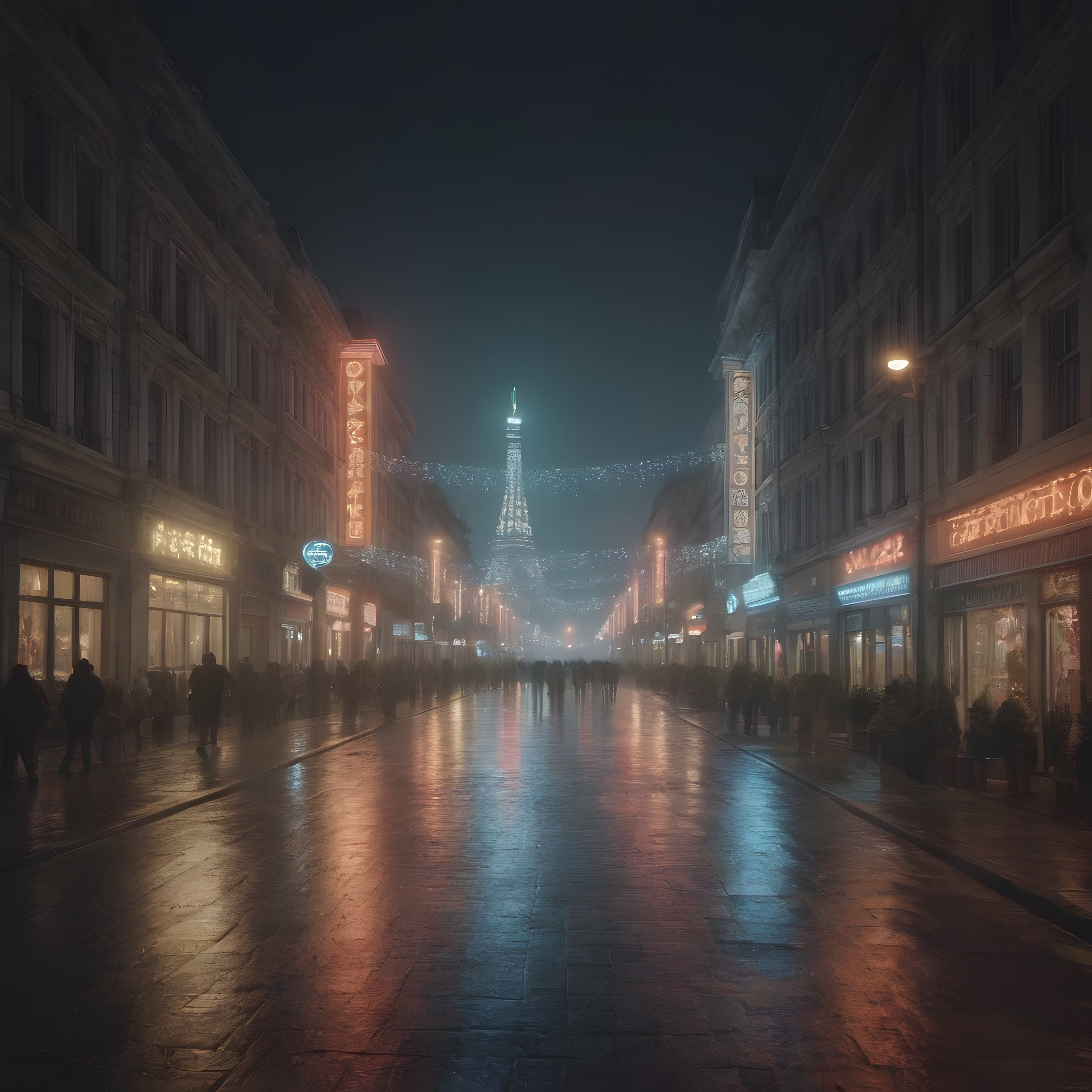 Sisli ve Yağmurlu Gecede Paris Sokakları: Eyfel Kulesi ve Romantik Neon Işıklar