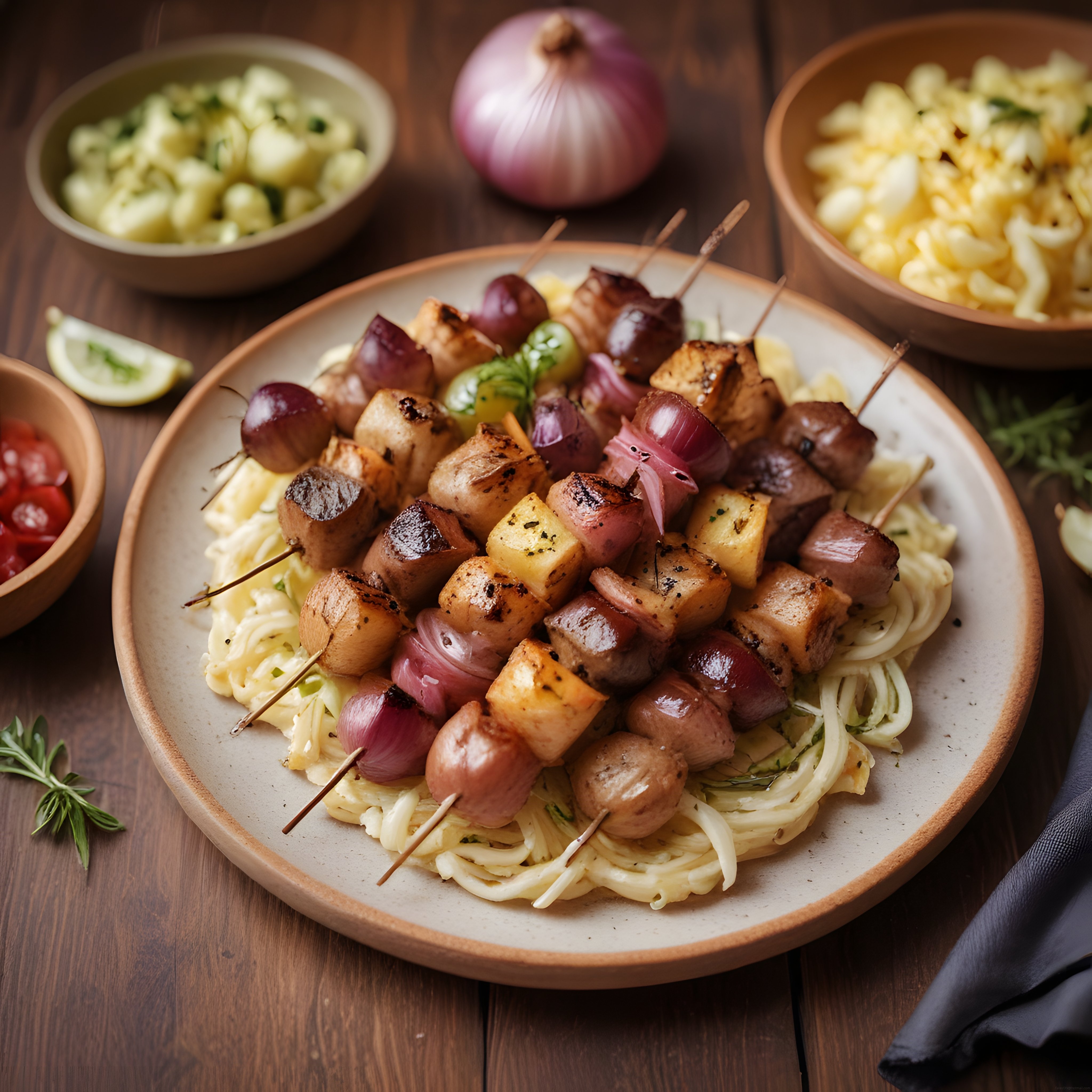 Şişte Izgara Tavuk ve Sebzeler ile Makarna Yatağında Gourmet Tabağı