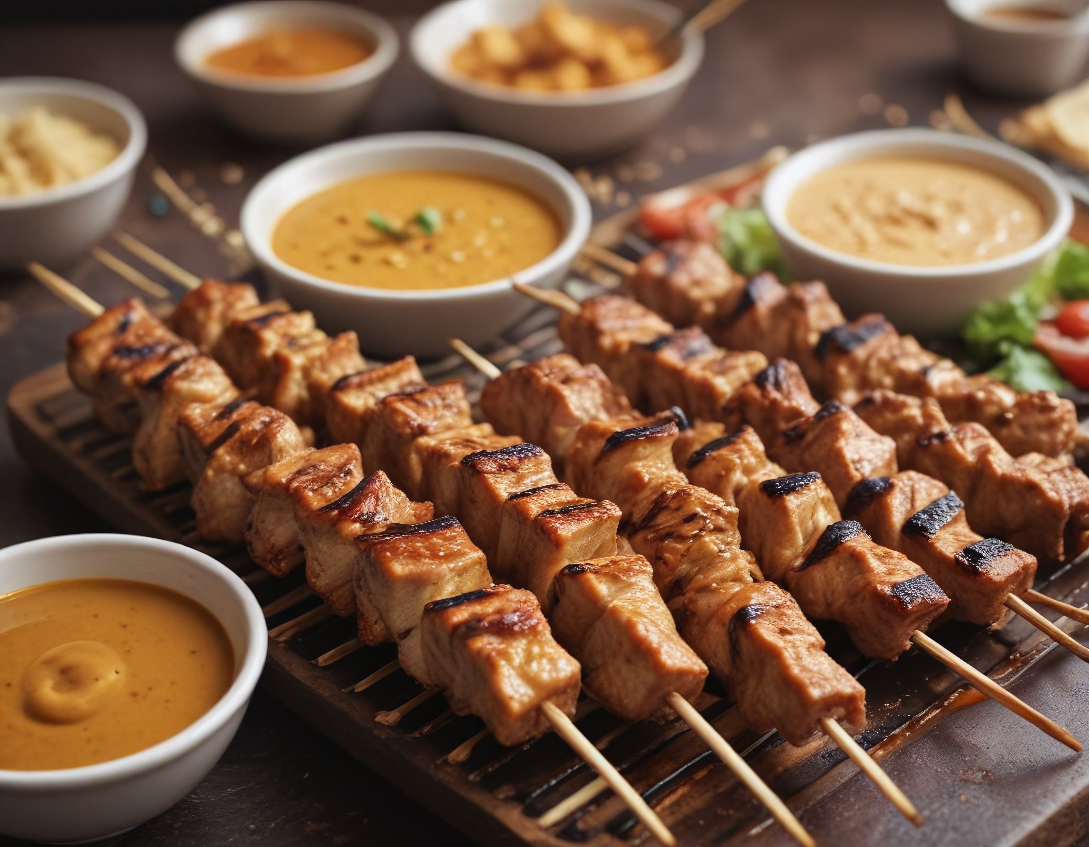 Şişte Izgara Tofu ve Fıstık Soslu Egzotik Asya Mutfağı Sunumu