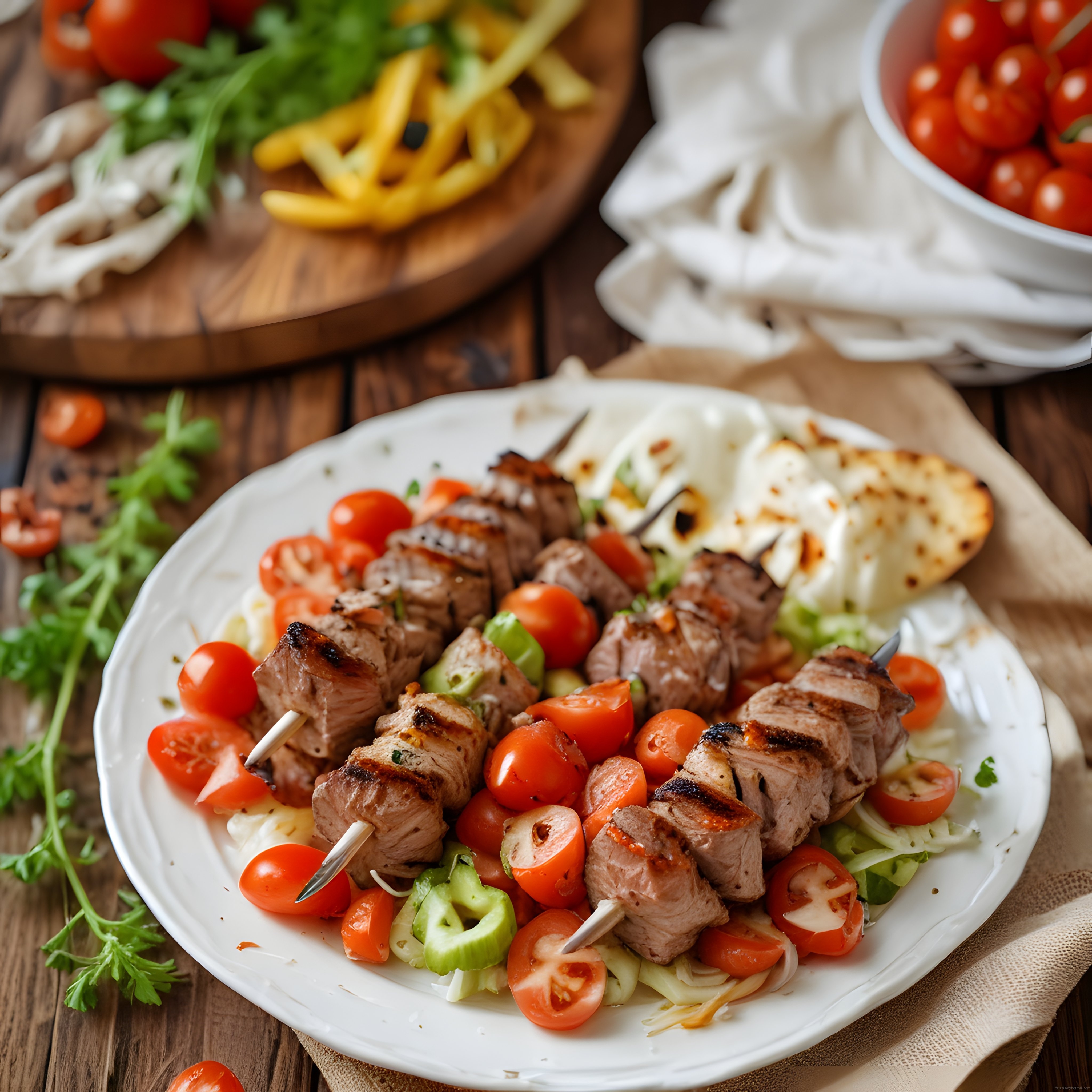 şişte kızarmış et, domates ve taze sebzelerle hazırlanmış geleneksel kebap