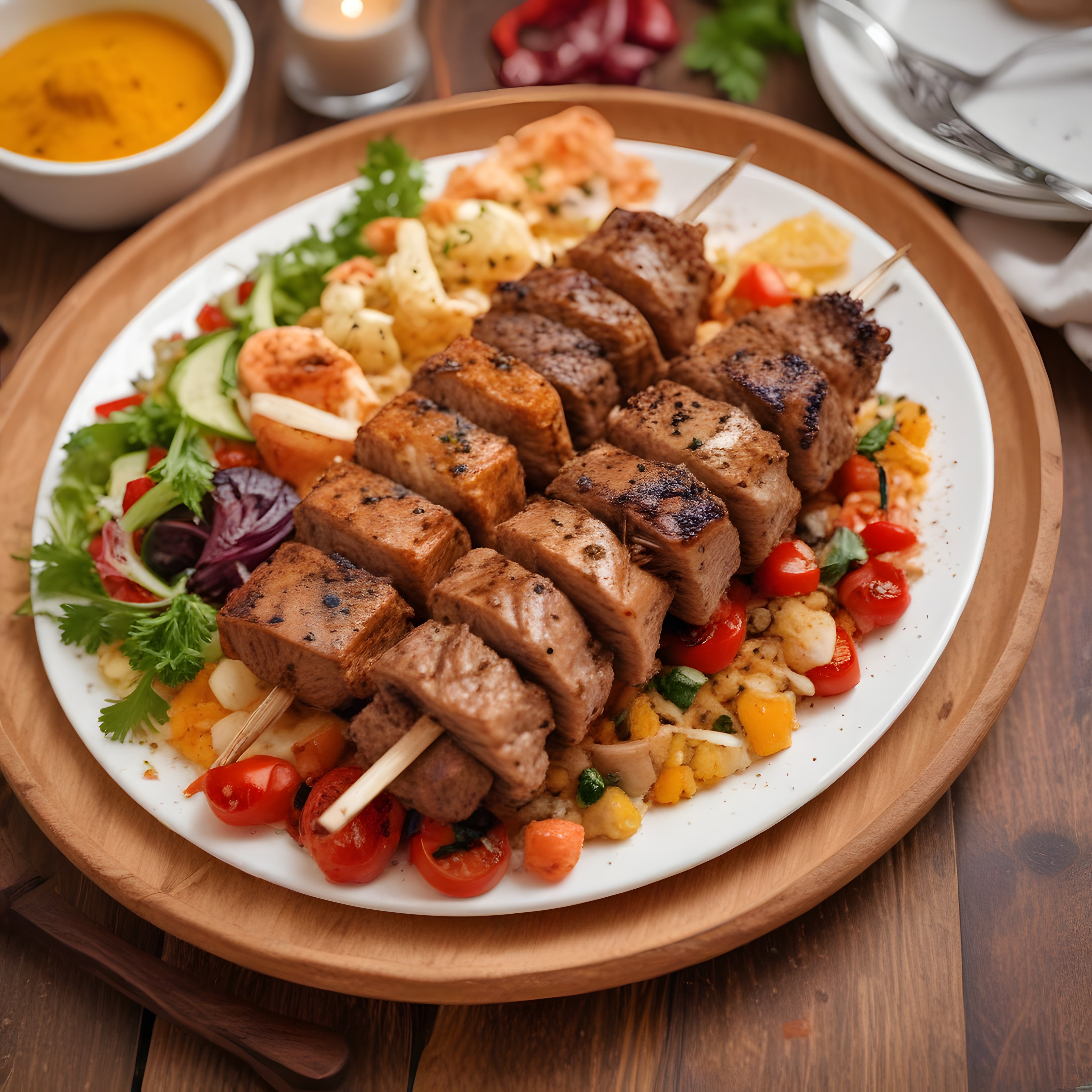 Şişte Marine Edilmiş Dana Eti, Taze Sebzeler ve Bulgur Pilavı ile Şık Sunum