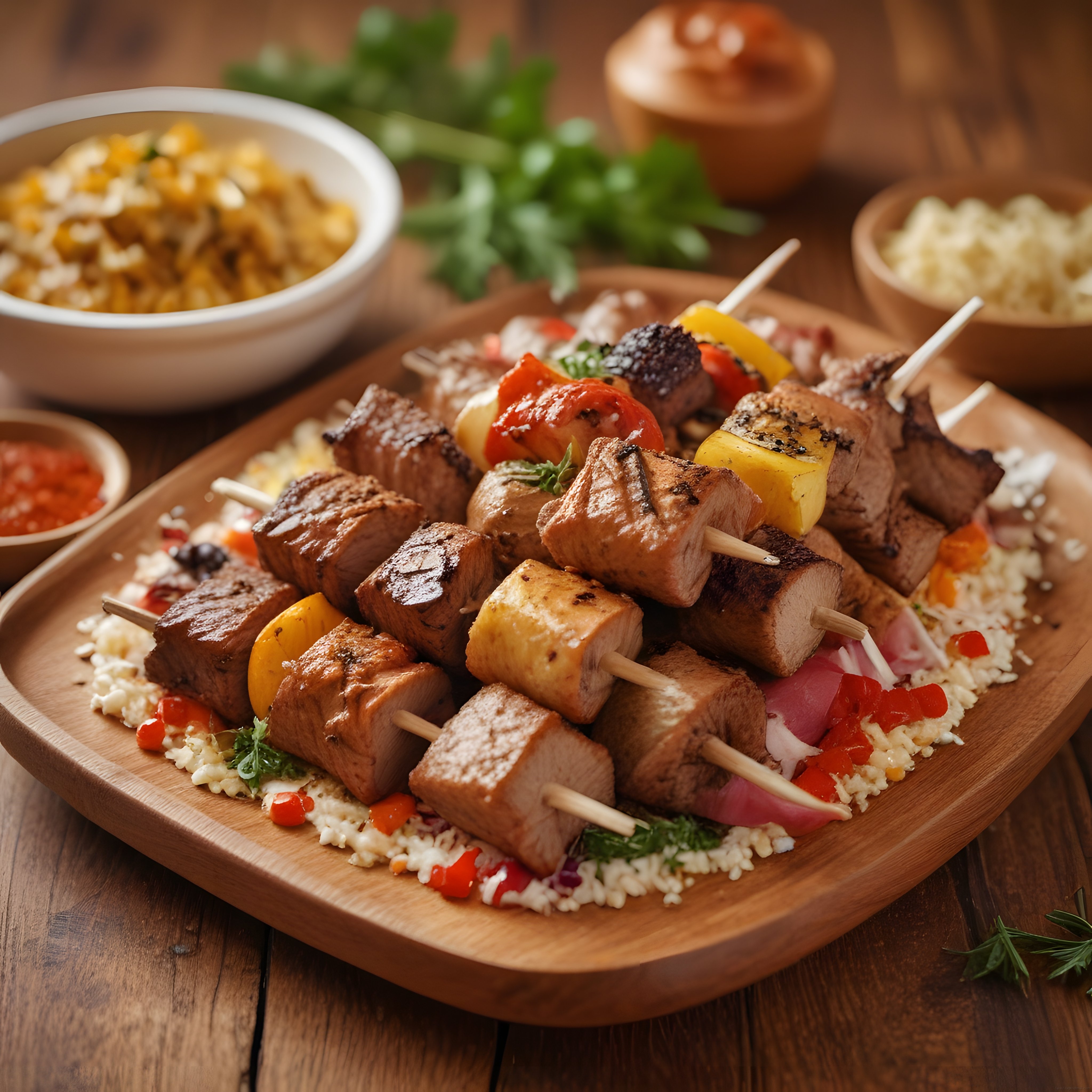 Şişte Marine Edilmiş Et ve Sebze Kebapları, Bulgur Tabağı ve Yan Lezzetler