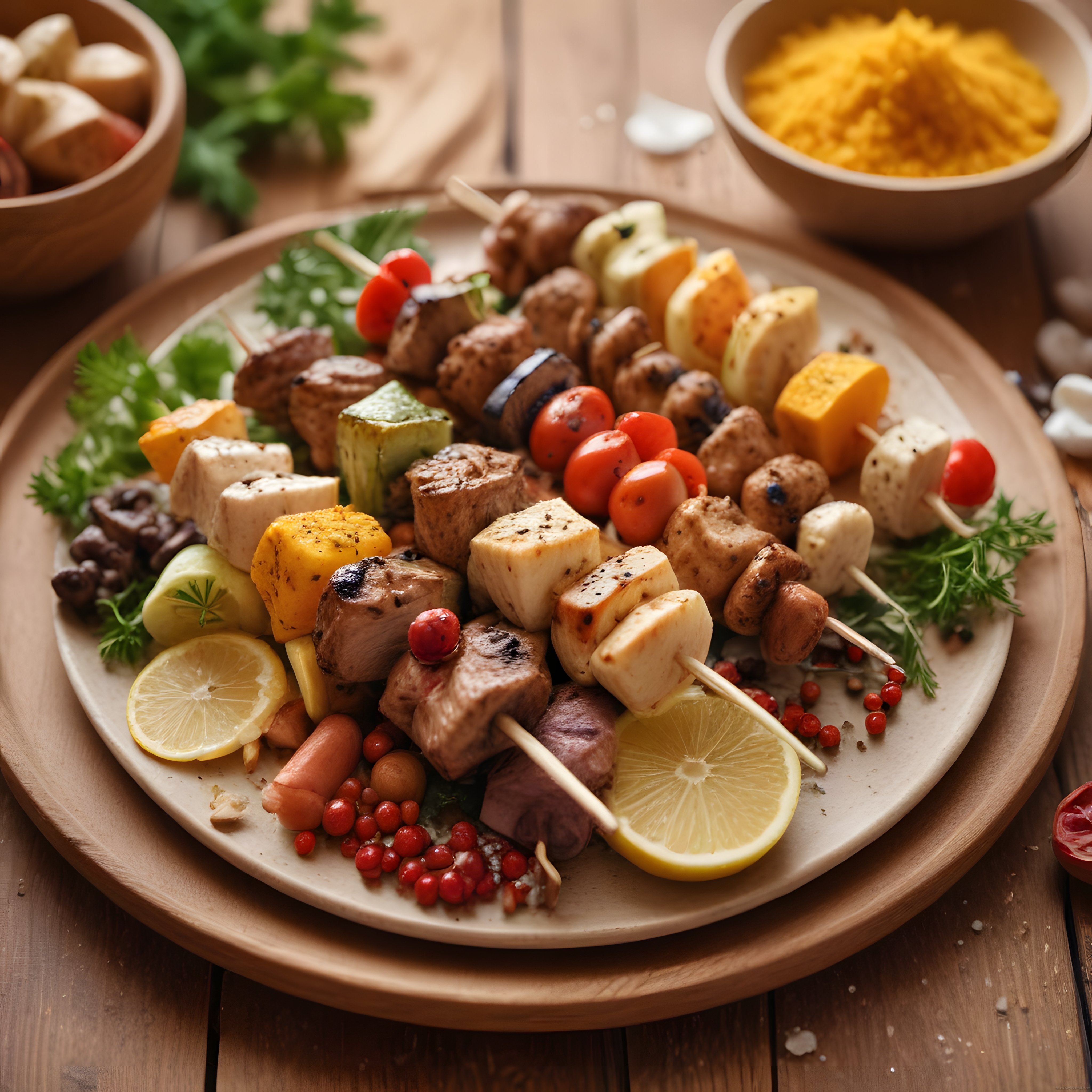 Şişte Renkli Et ve Sebze Kebabı: Ahşap Masada Izgara Lezzet Şöleni