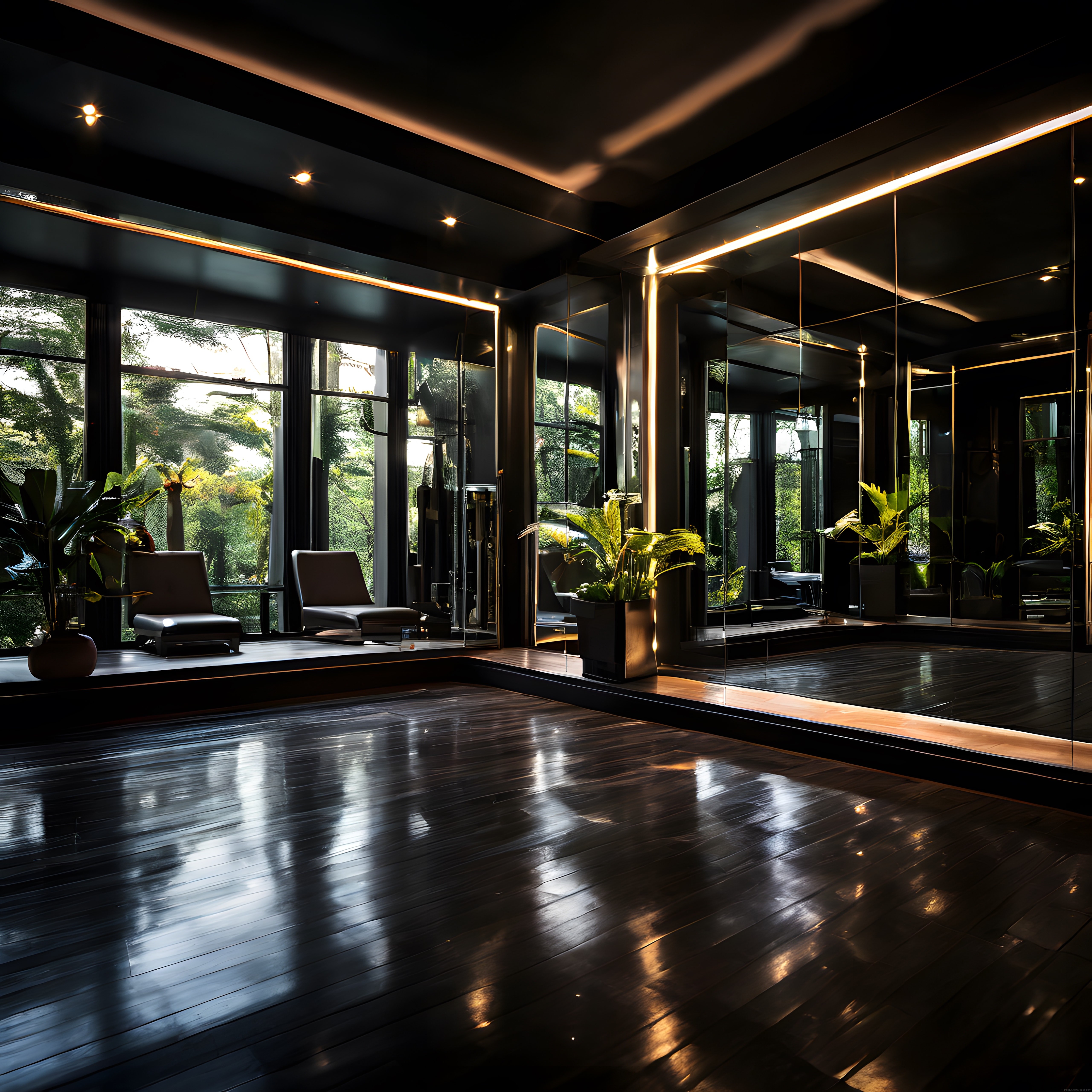 Siyah Ahşap Zeminli Lüks Fitness Stüdyosu ve Modern Spor Salonu İç Mekanı