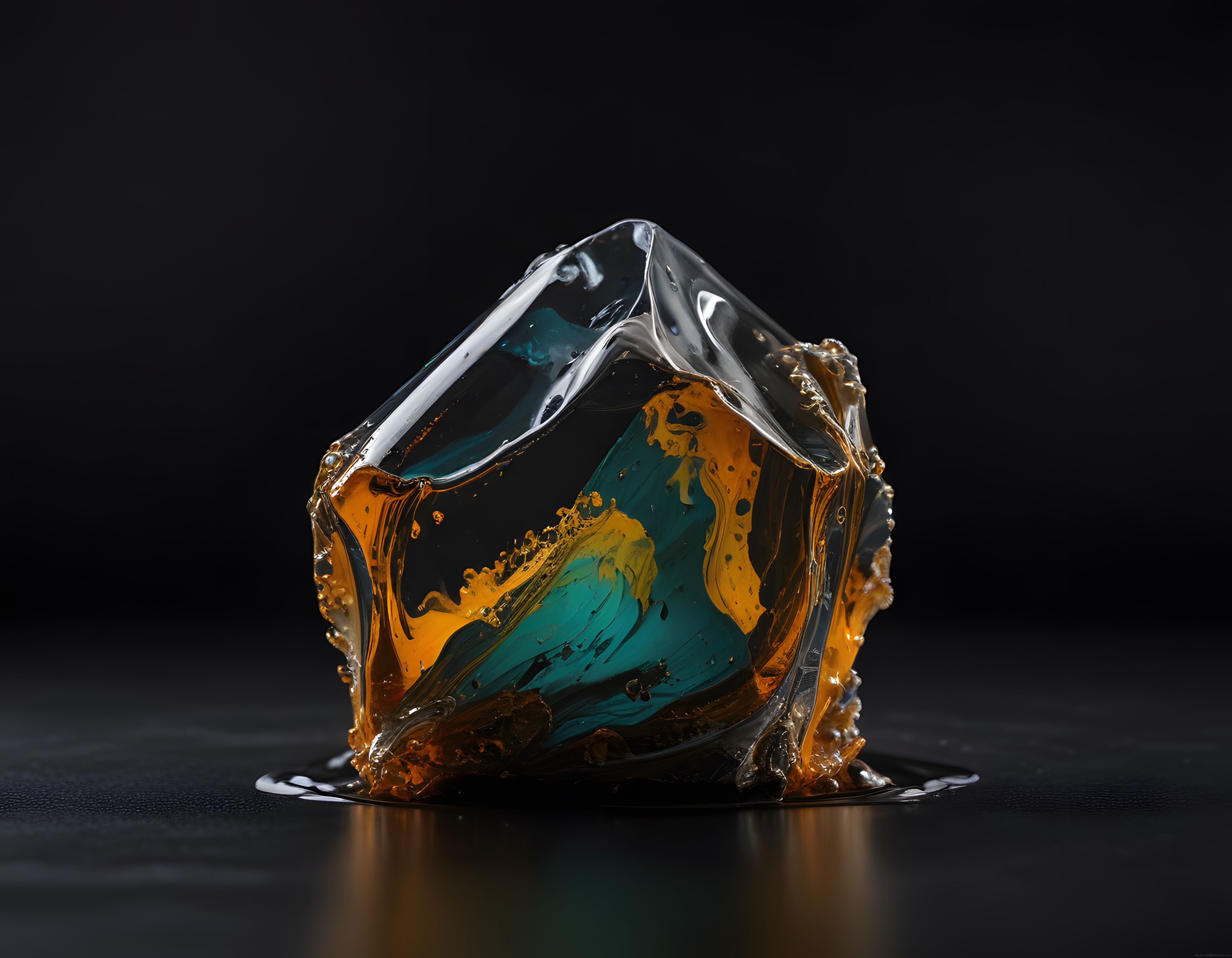 Siyah Arka Planda Amber ve Mavi Tonlarda Şeffaf Reçine Kristal Dijital Sanat Eseri