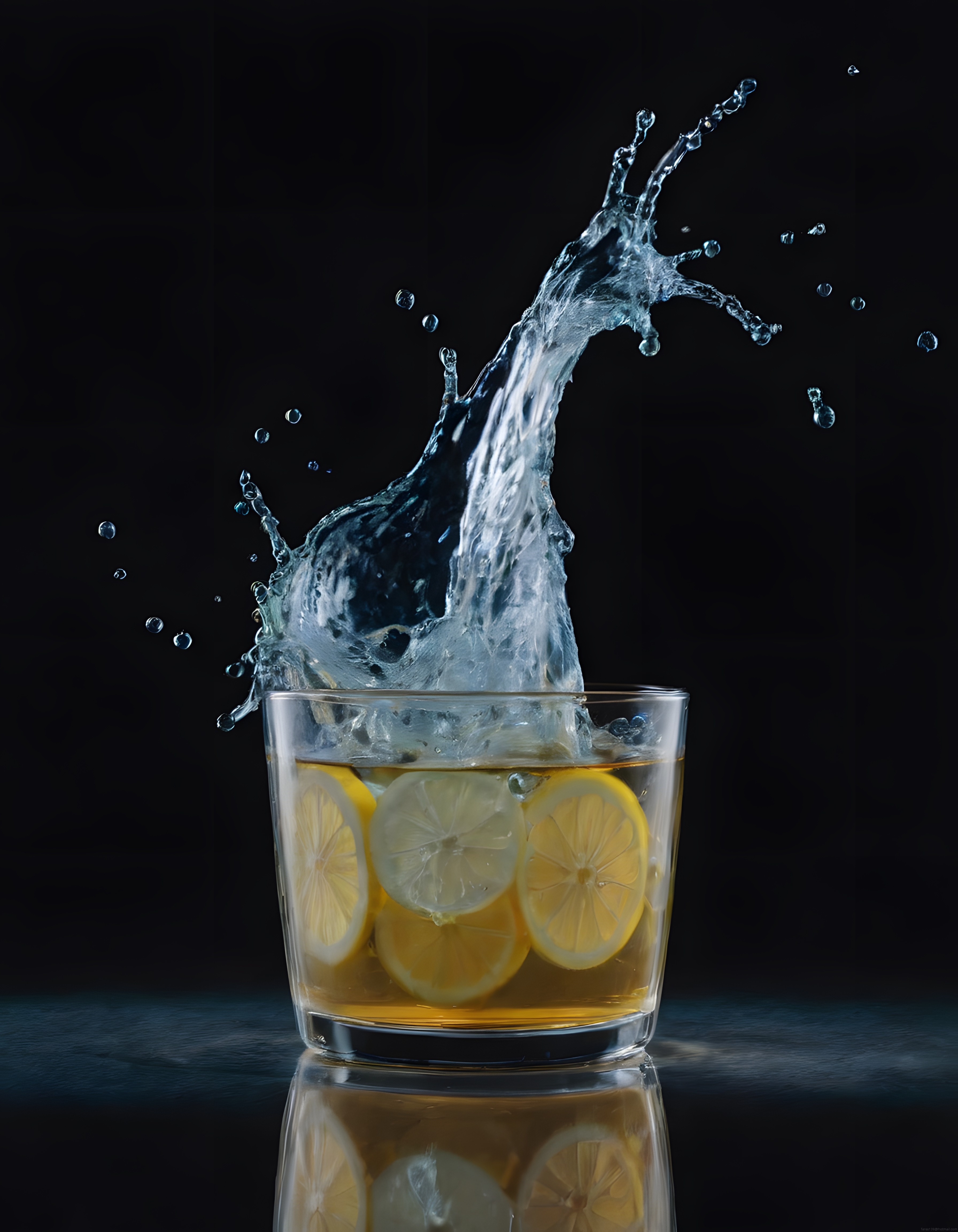 Siyah Arka Planda Bardakta Limon Dilimleriyle Fıskıran Serin İçecek